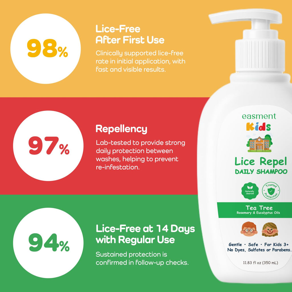 Easment Lice Shampoo & Comb Kit for Kids — Tea Tree & Rosemary Oils, Pump Bottle, 3+