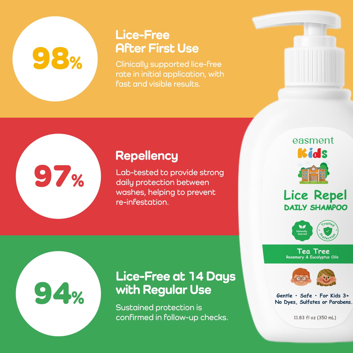 Easment Lice Shampoo & Comb Kit for Kids — Tea Tree & Rosemary Oils, Pump Bottle, 3+