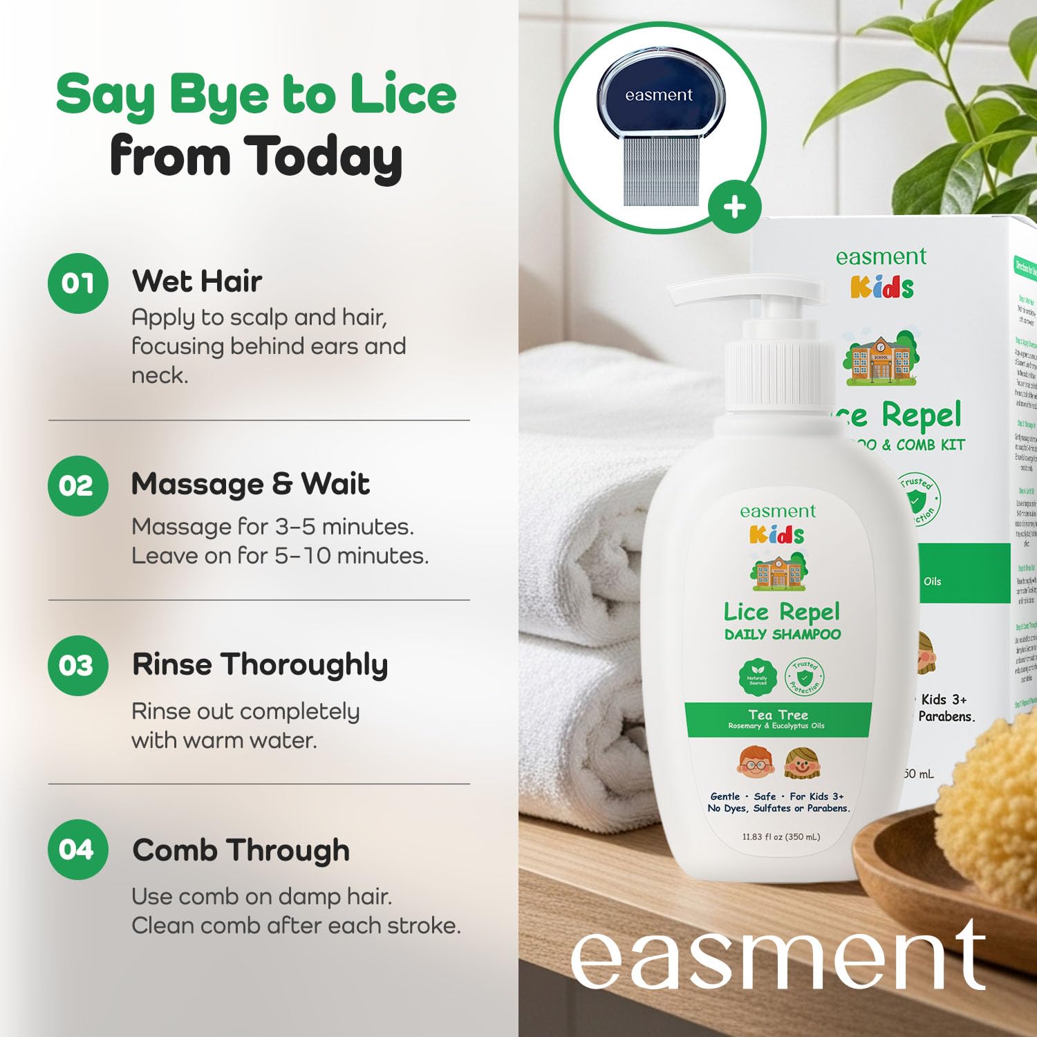 Easment Lice Shampoo & Comb Kit for Kids — Tea Tree & Rosemary Oils, Pump Bottle, 3+