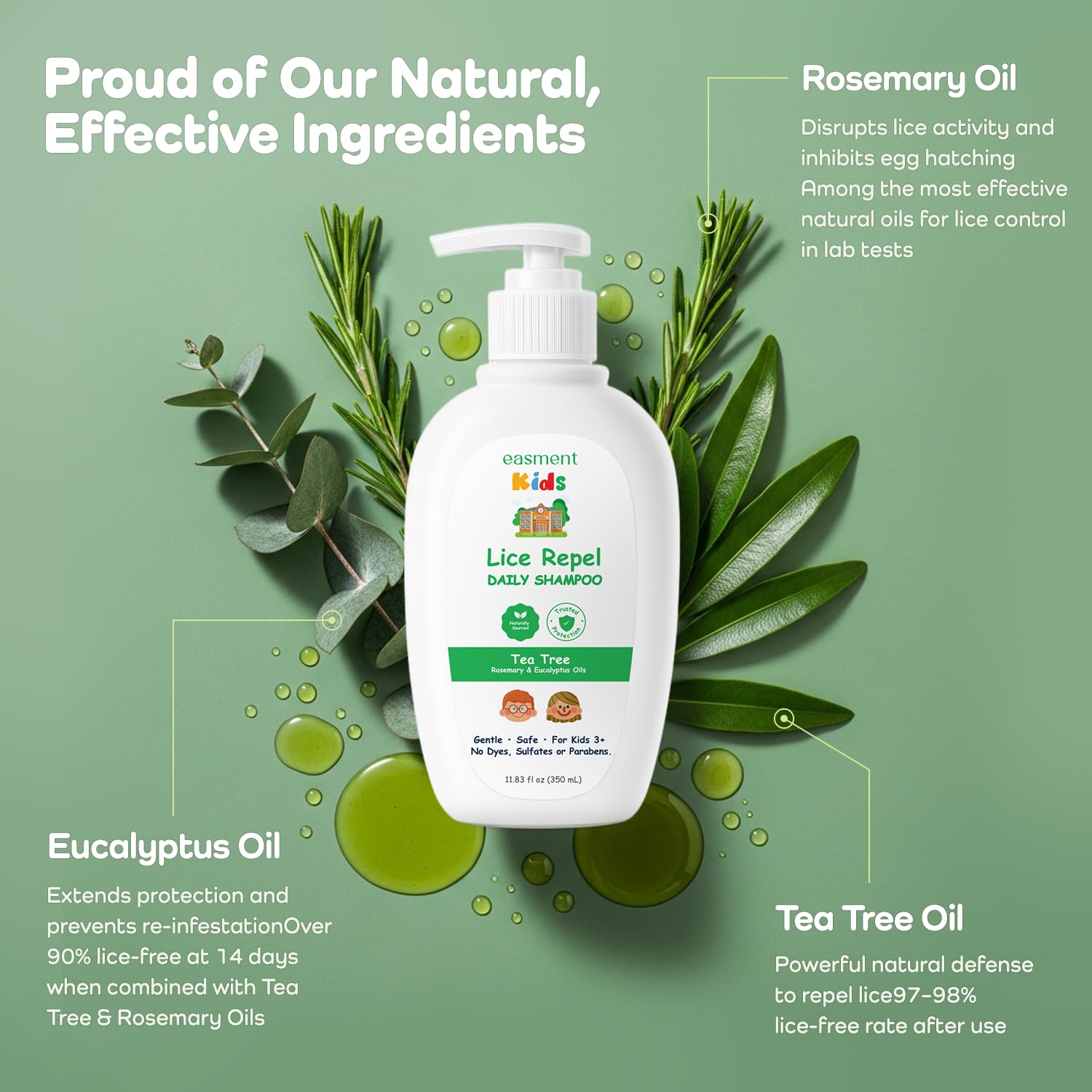 Easment Lice Shampoo & Comb Kit for Kids — Tea Tree & Rosemary Oils, Pump Bottle, 3+