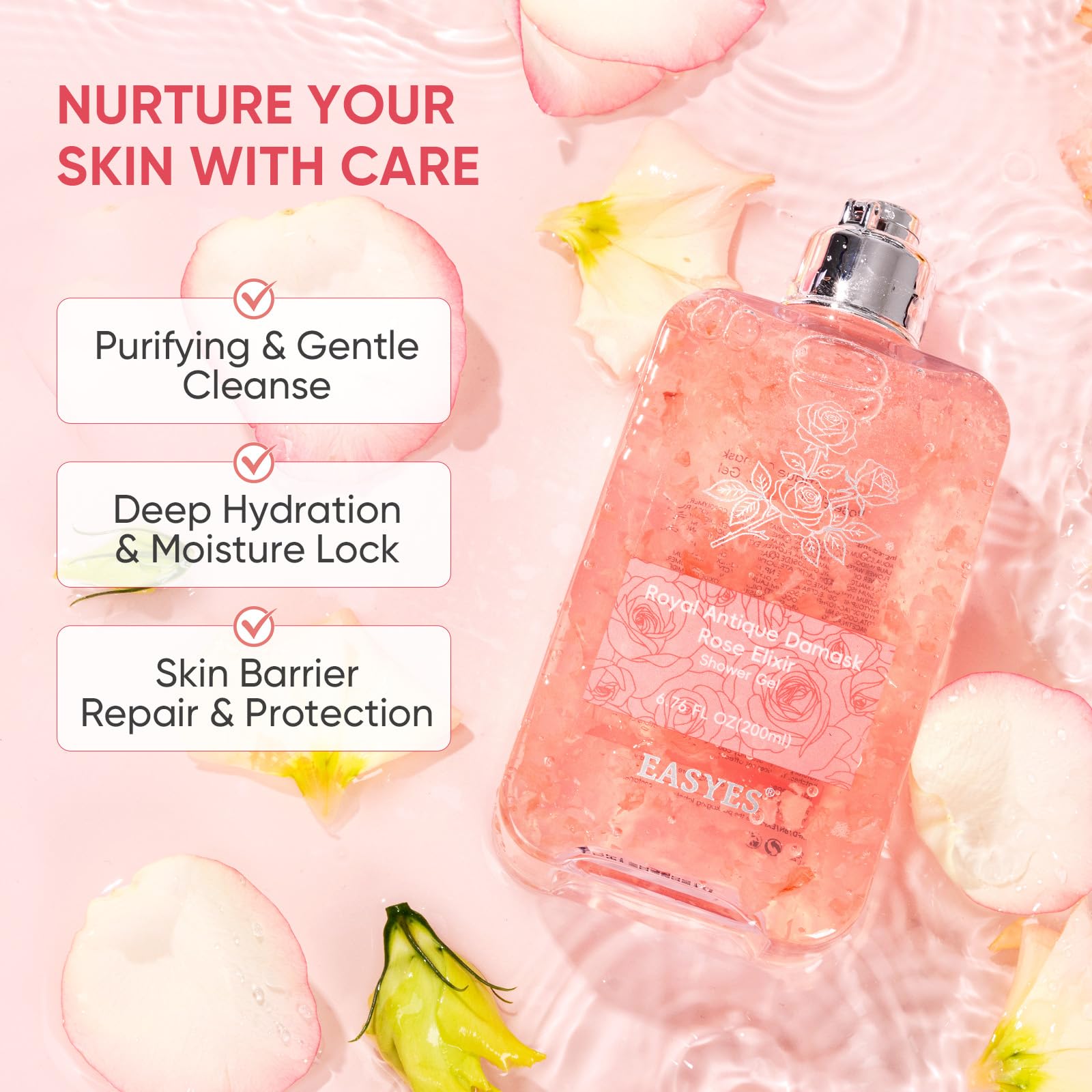 Easyes Rose Elixir Body Wash for Women – Triple Rose Formula, Moisturizing Shower Gel (2-Pack)
