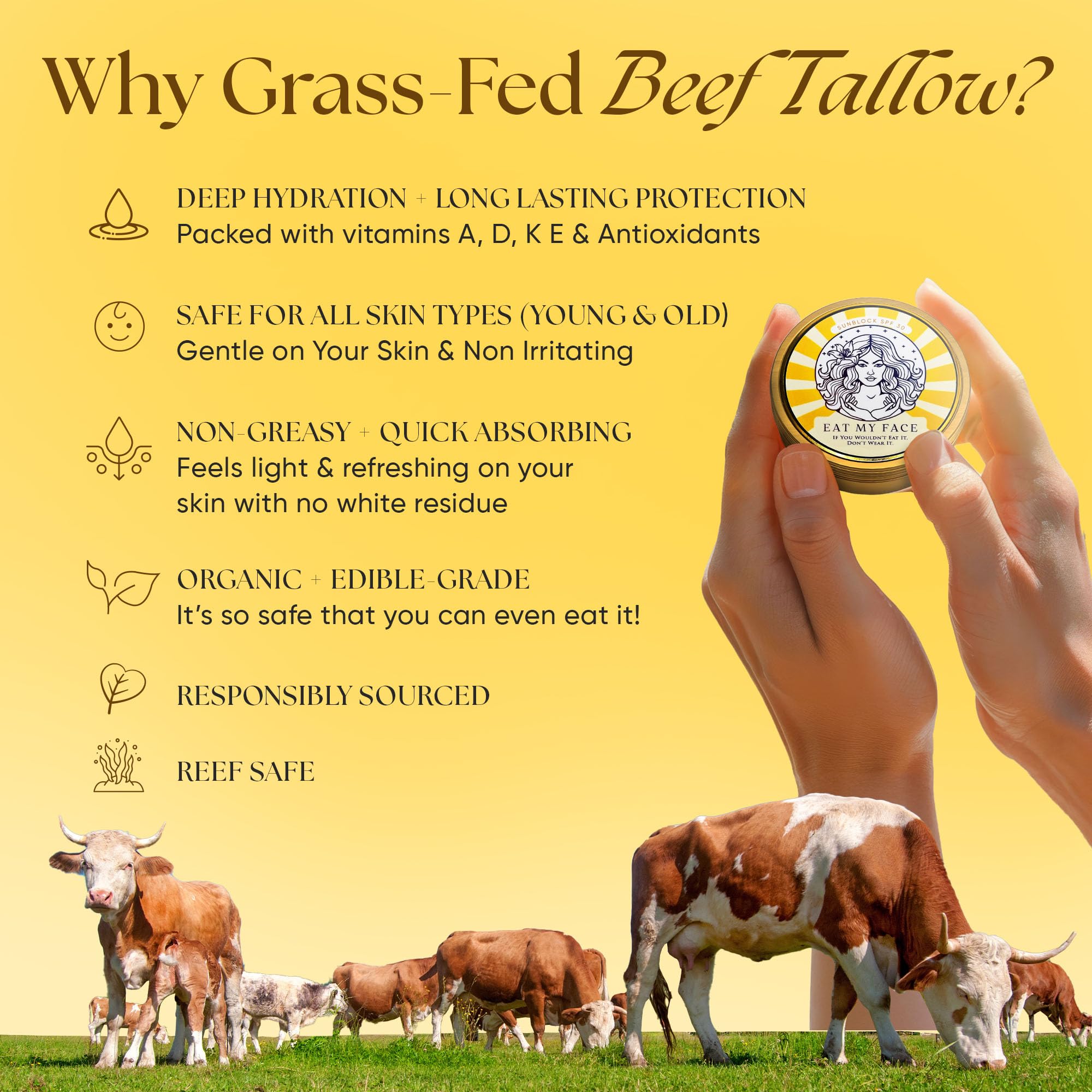 Eat My Face Organic Beef Tallow Sunscreen SPF 30 | Reef Safe, Non Nano Zinc Oxide