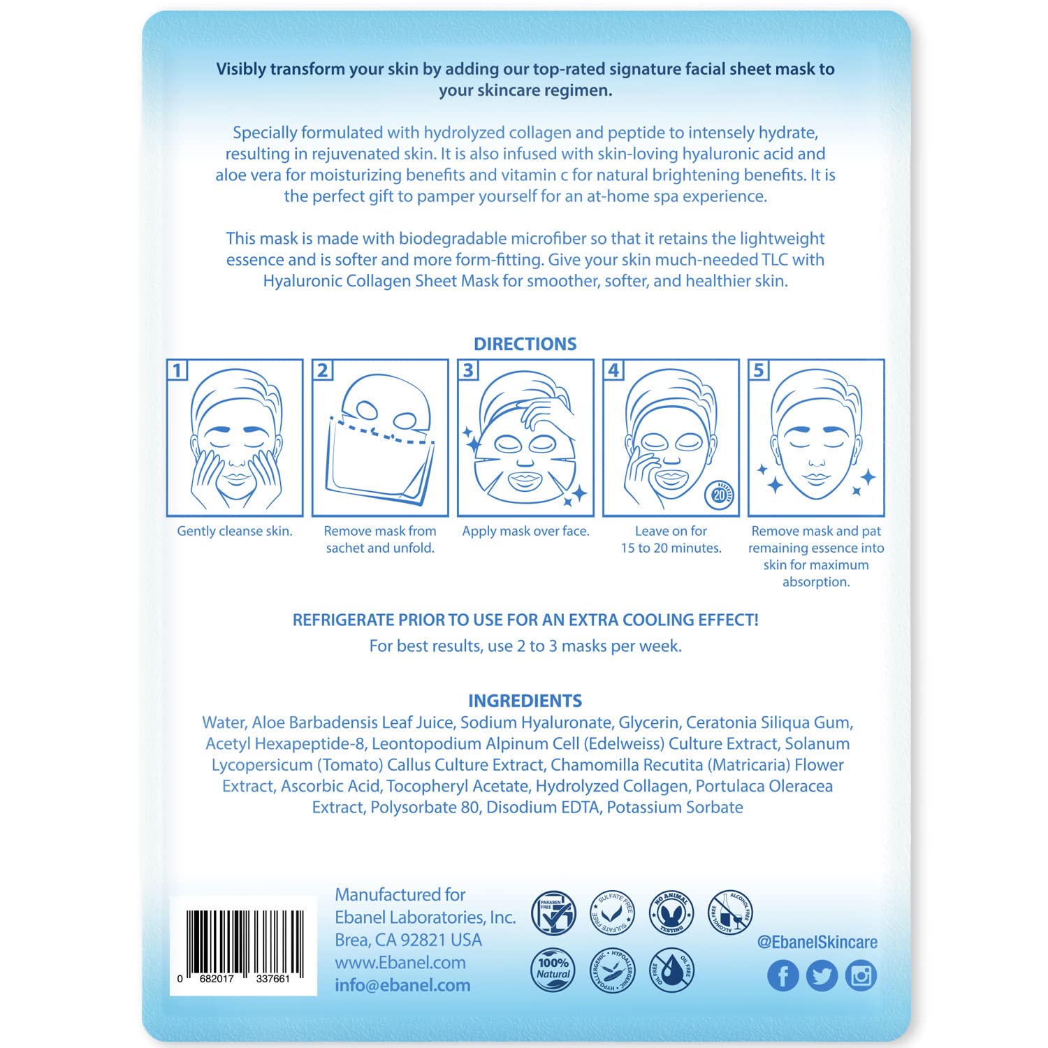 Ebanel 10 Pack Collagen Face Masks – Hyaluronic Acid, Vitamin C & Peptide