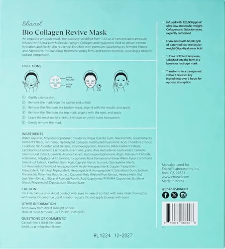 Ebanel Bio Collagen Mask – 4-Pack Hydrating Hydrogel Masks with 7 Peptides & Hyaluronic Acid