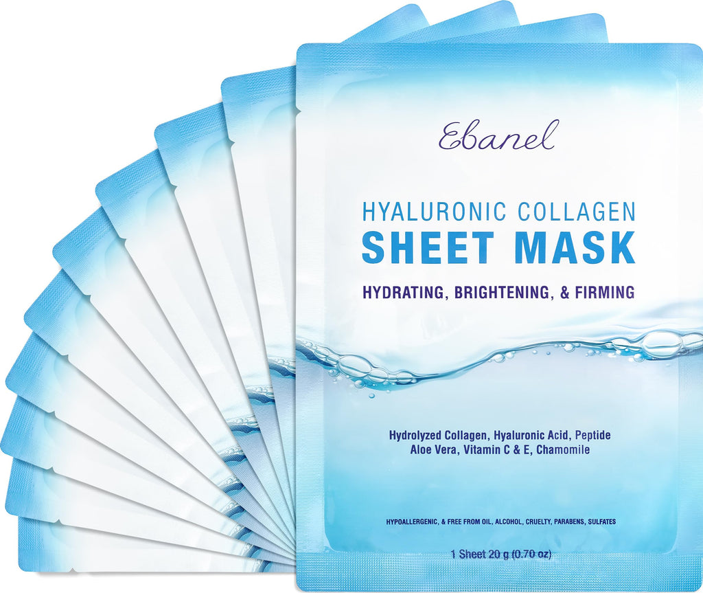 Ebanel 10 Pack Collagen Face Masks – Hyaluronic Acid, Vitamin C & Peptide