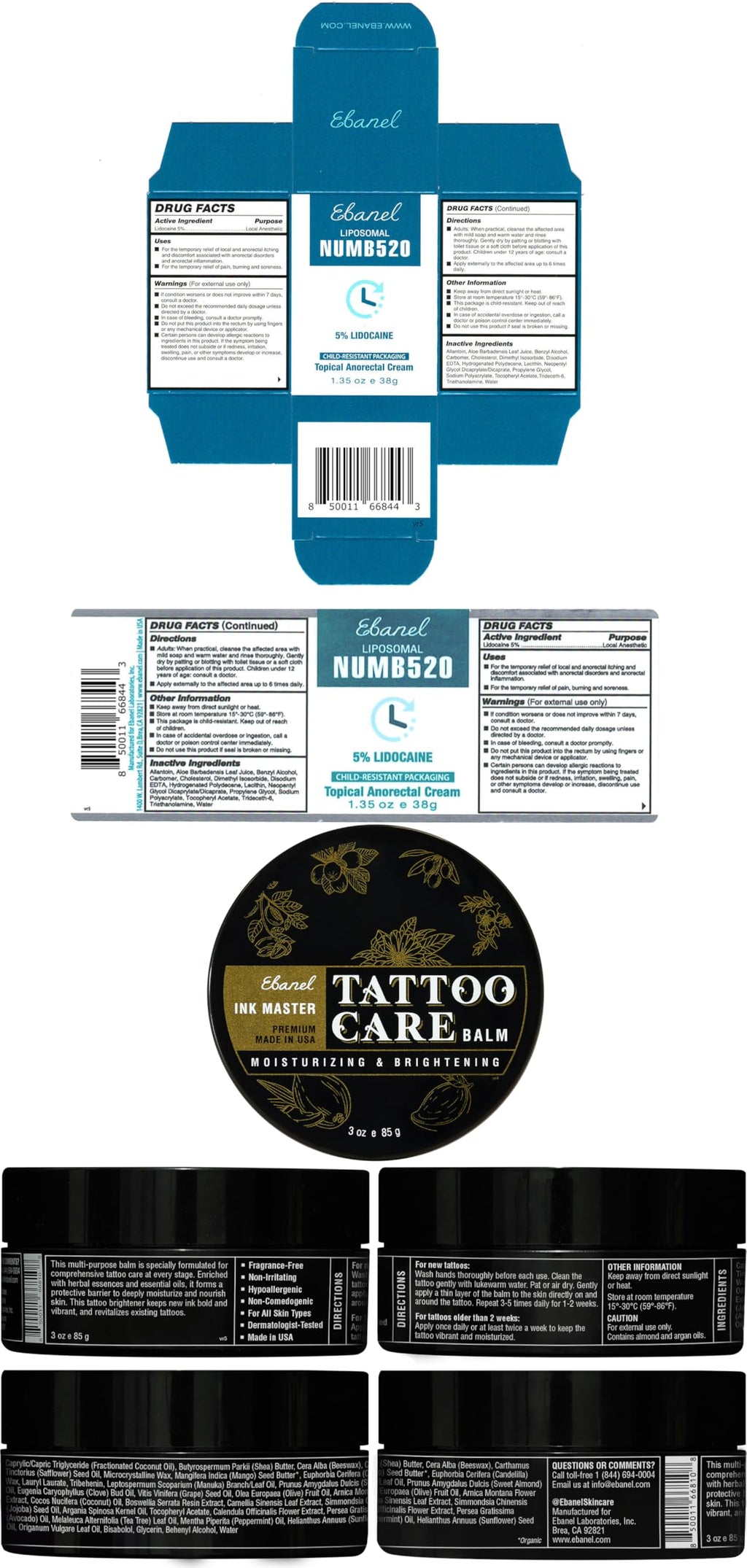 Ebanel 5% Lidocaine Numbing Cream & Tattoo Balm Set – Numb520 Topical Anesthetic Pain Relief and Premium Tattoo Aftercare Butter (3 Oz)