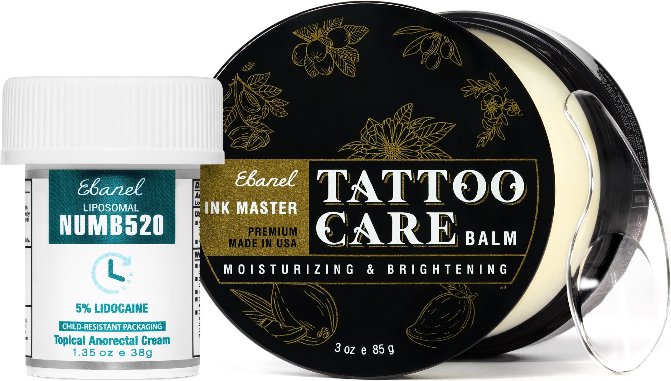Ebanel 5% Lidocaine Numbing Cream & Tattoo Balm Set – Numb520 Topical Anesthetic Pain Relief and Premium Tattoo Aftercare Butter (3 Oz)