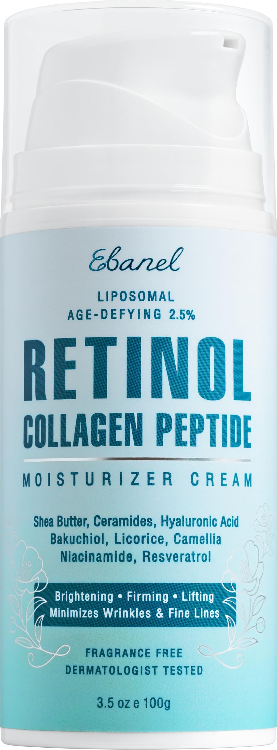 Ebanel Retinol Cream for Face – 3.5 oz with Collagen, Peptides, Ceramides, Hyaluronic Acid