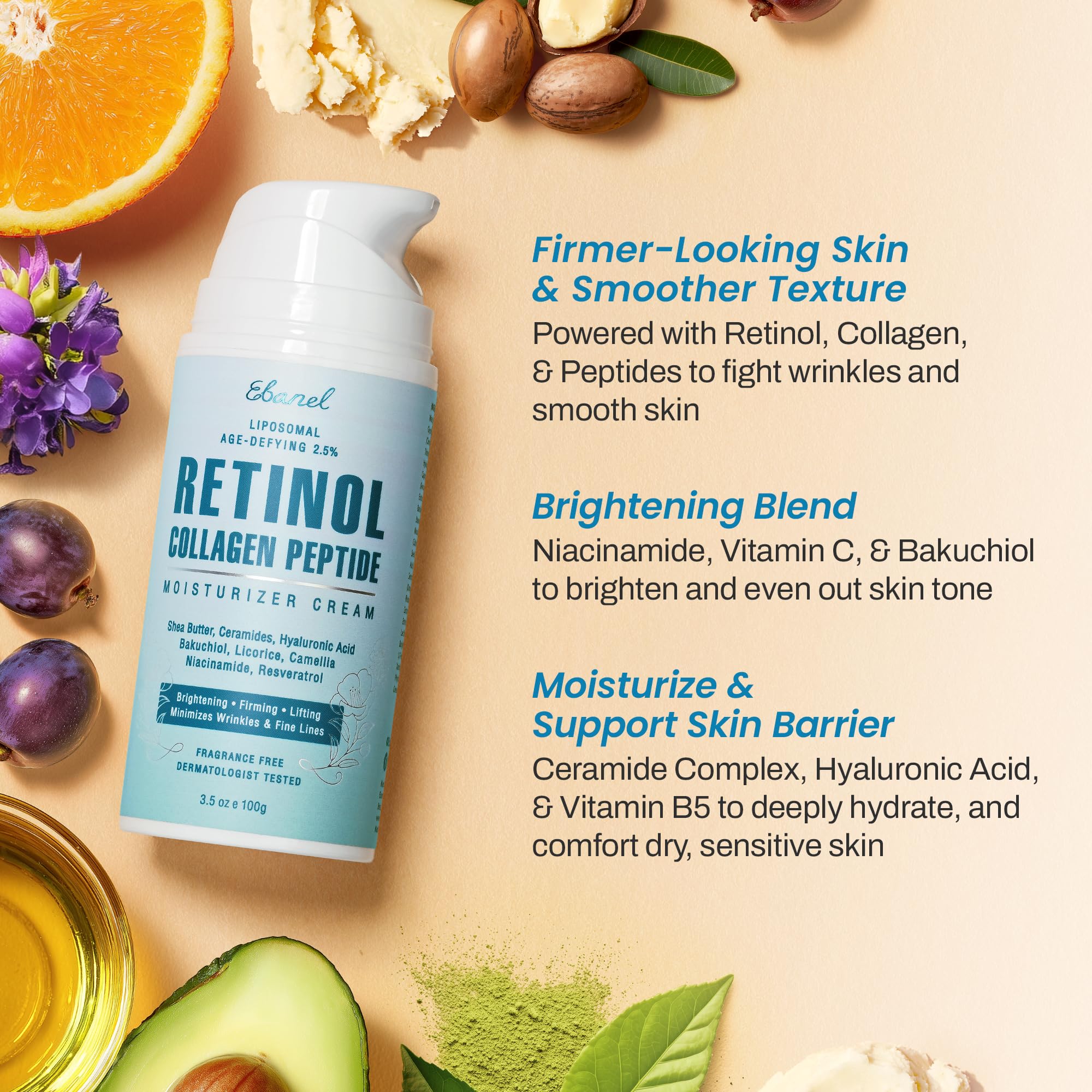 Ebanel Retinol Cream for Face – 3.5 oz with Collagen, Peptides, Ceramides, Hyaluronic Acid