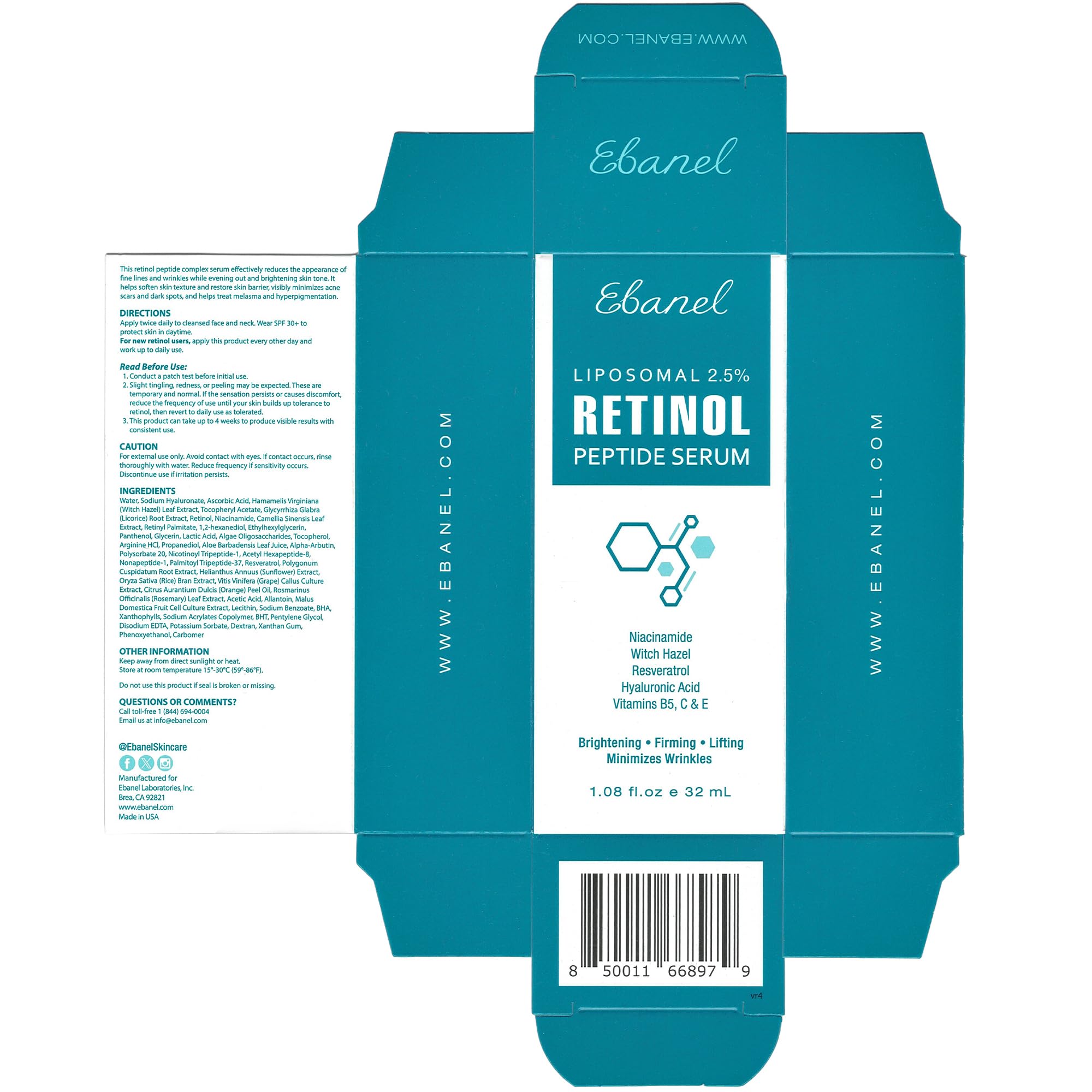 Ebanel Retinol Serum with Vitamin C, Peptides & Hyaluronic Acid | Brighten, Smooth & Refine Skin