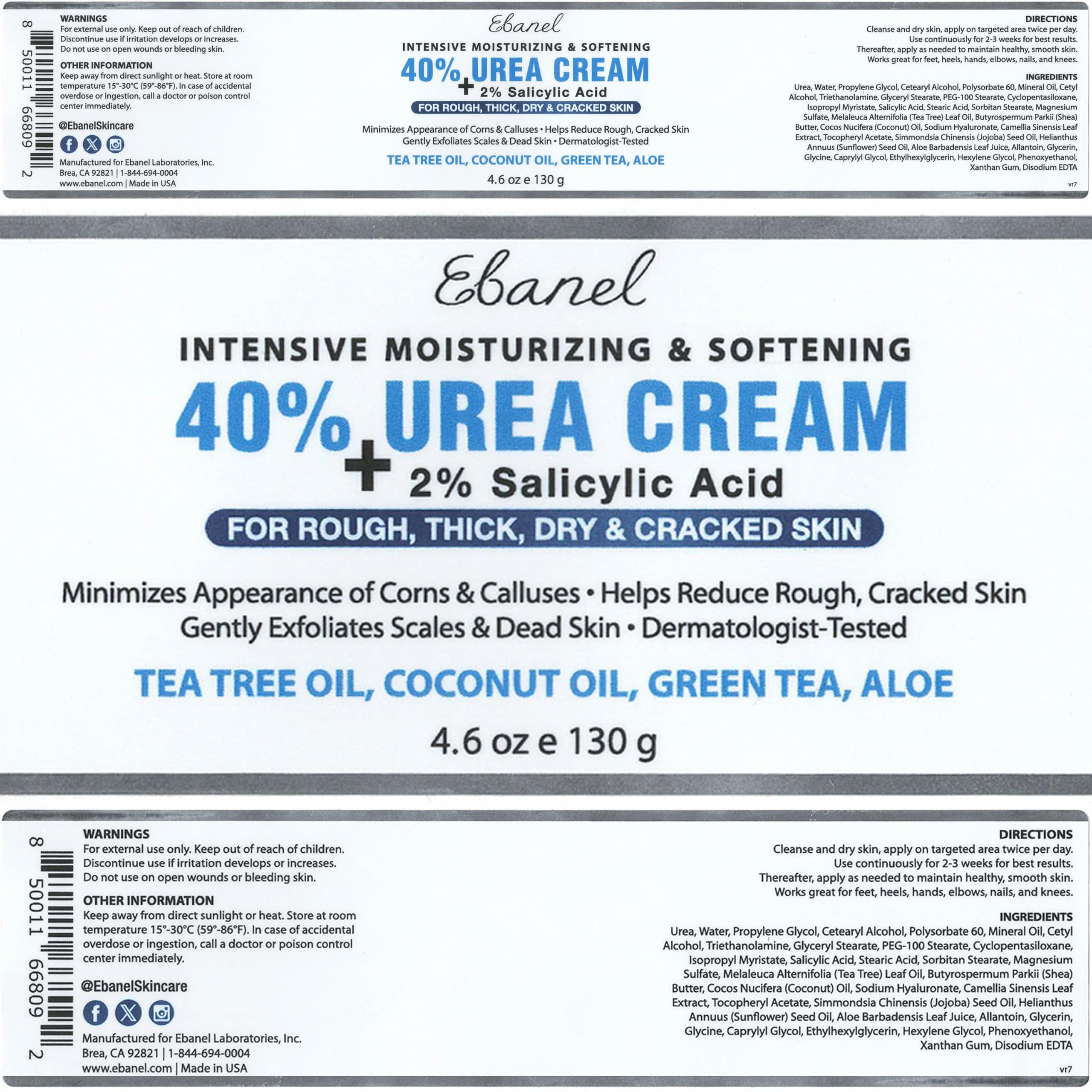 Ebanel Urea Cream 40% + 2% Salicylic Acid – Foot Cream for Dry, Cracked Skin (3-Pack)