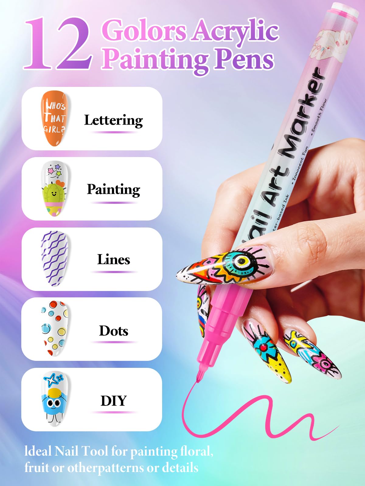 EBANKU 12 Colors Nail Art Marker Pens Set – Quick-Dry Nail Polish Pens for DIY Nail Art