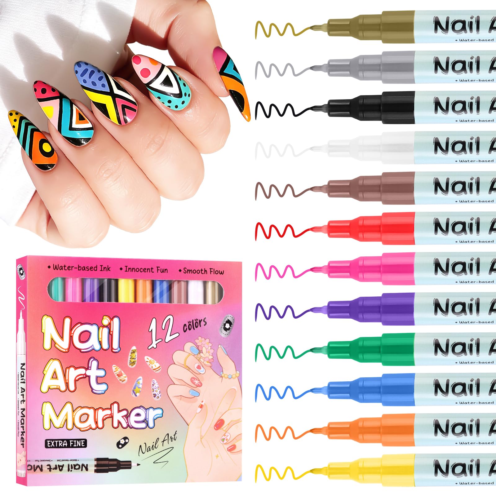 EBANKU 12 Colors Nail Art Marker Pens Set – Quick-Dry Nail Polish Pens for DIY Nail Art