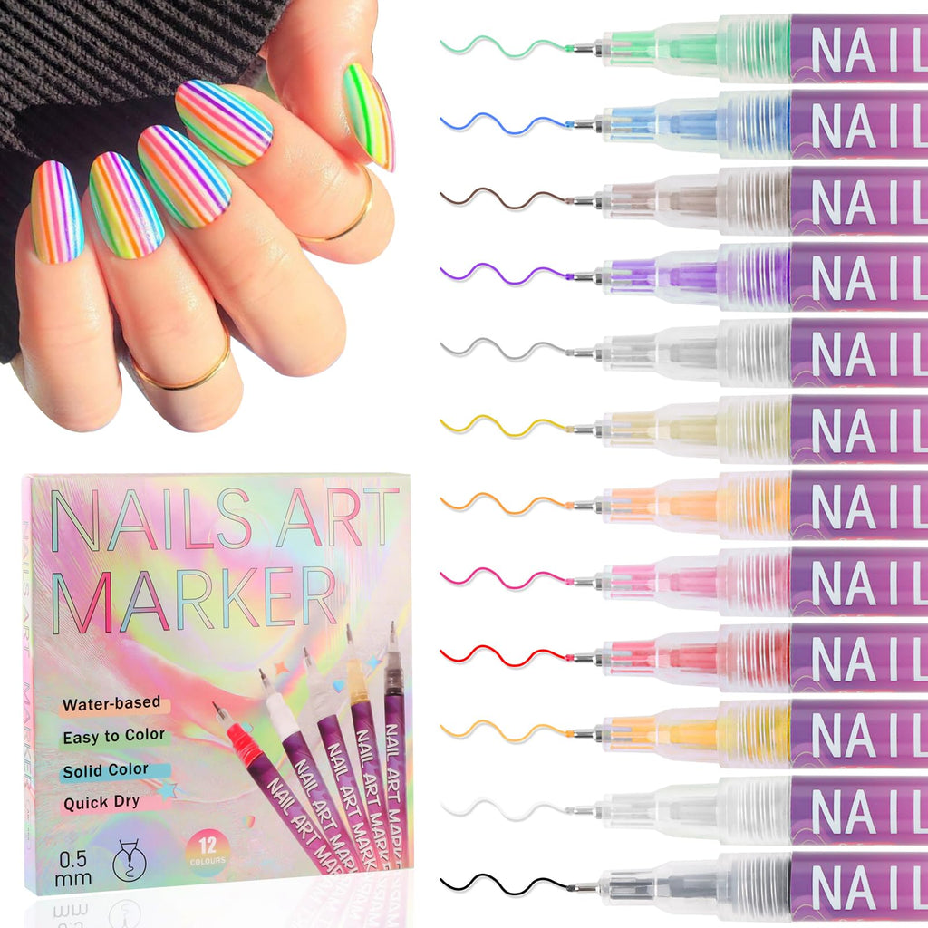 EBANKU 12 Colors Nail Art Pens - 0.5mm Fine Tip Quick-Drying Nail Polish for Home & Salon