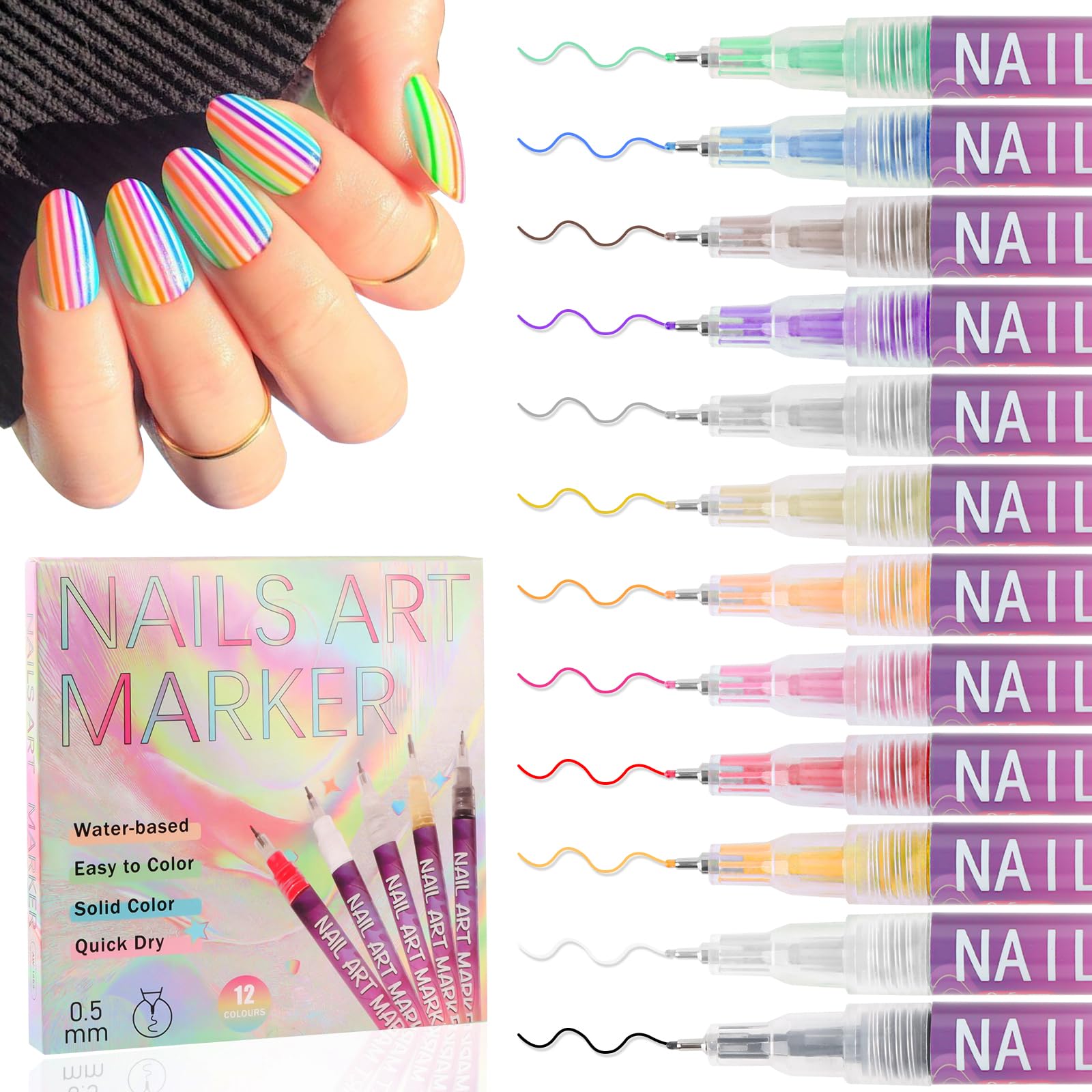 EBANKU 12 Colors Nail Art Pens - 0.5mm Fine Tip Quick-Drying Nail Polish for Home & Salon