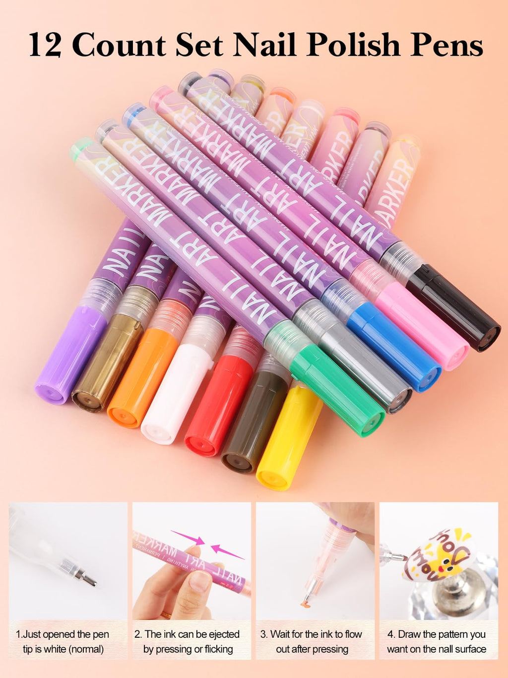 EBANKU 12 Colors Nail Art Pens - 0.5mm Fine Tip Quick-Drying Nail Polish for Home & Salon