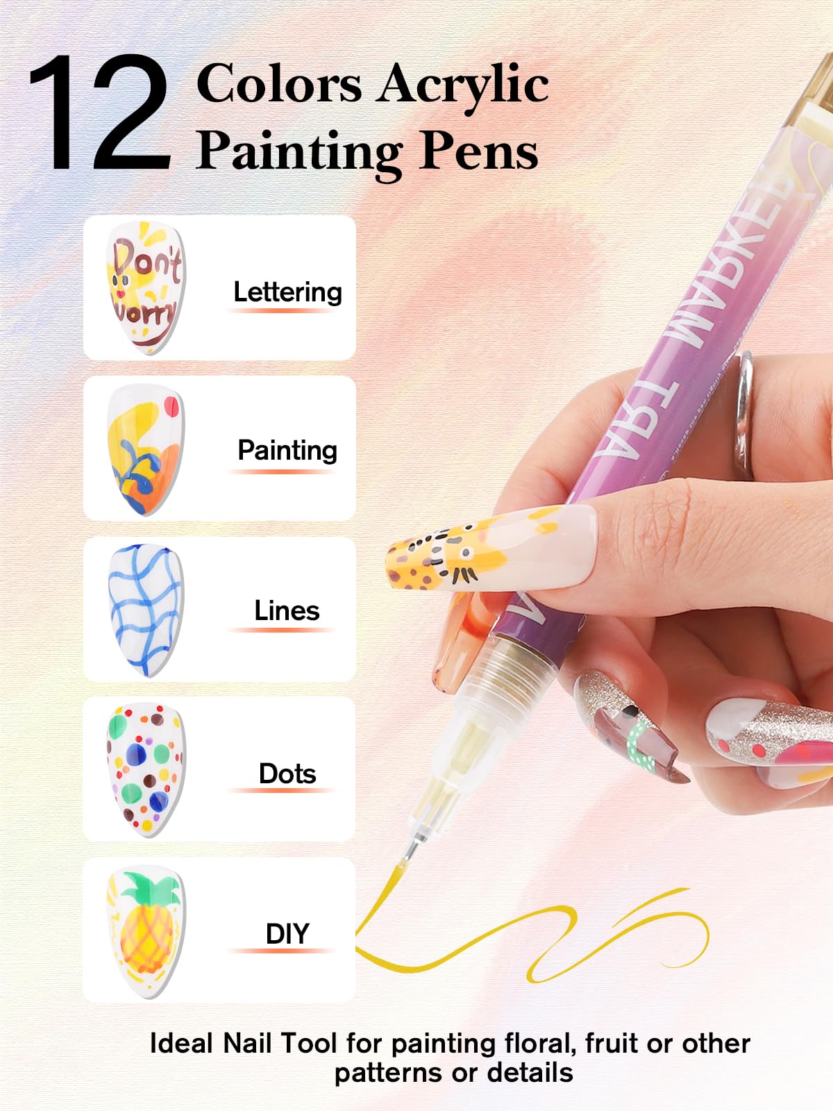 EBANKU 12 Colors Nail Art Pens - 0.5mm Fine Tip Quick-Drying Nail Polish for Home & Salon