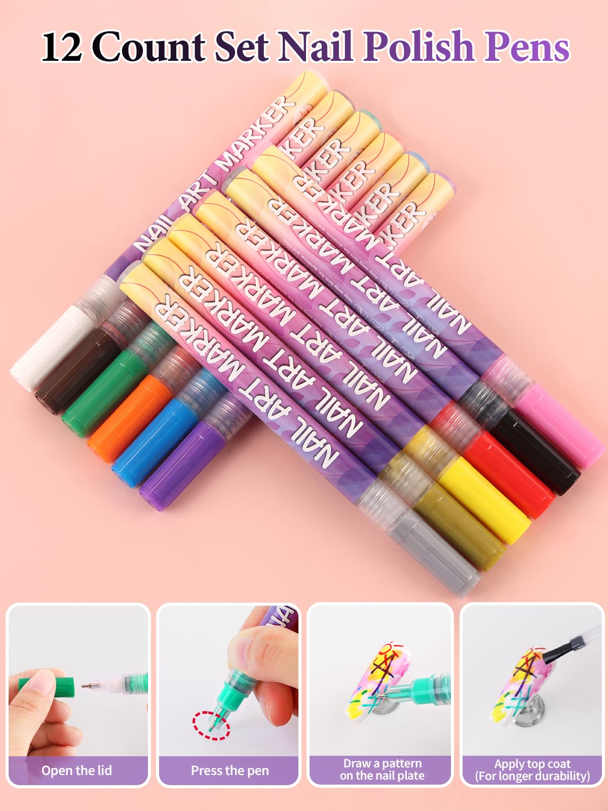 EBANKU 12 Colors Nail Art Pens Set – Quick-Drying Acrylic Nail Art Pens for Home & Salon
