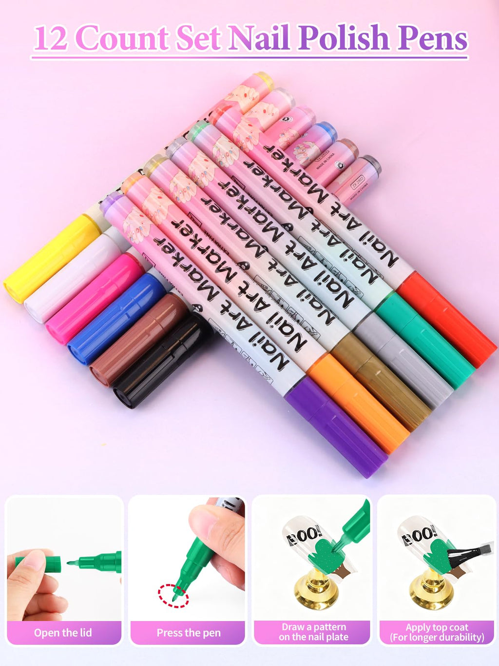 EBANKU 12 Colors Nail Art Marker Pens Set – Quick-Dry Nail Polish Pens for DIY Nail Art