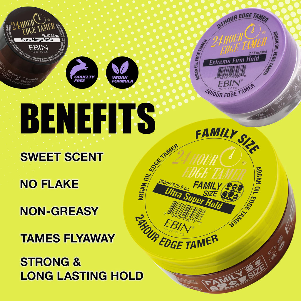 EBIN NEW YORK 24 Hour Edge Tamer – Ultra Hold, No Flaking, Argan + Castor Oil, 8.25 oz