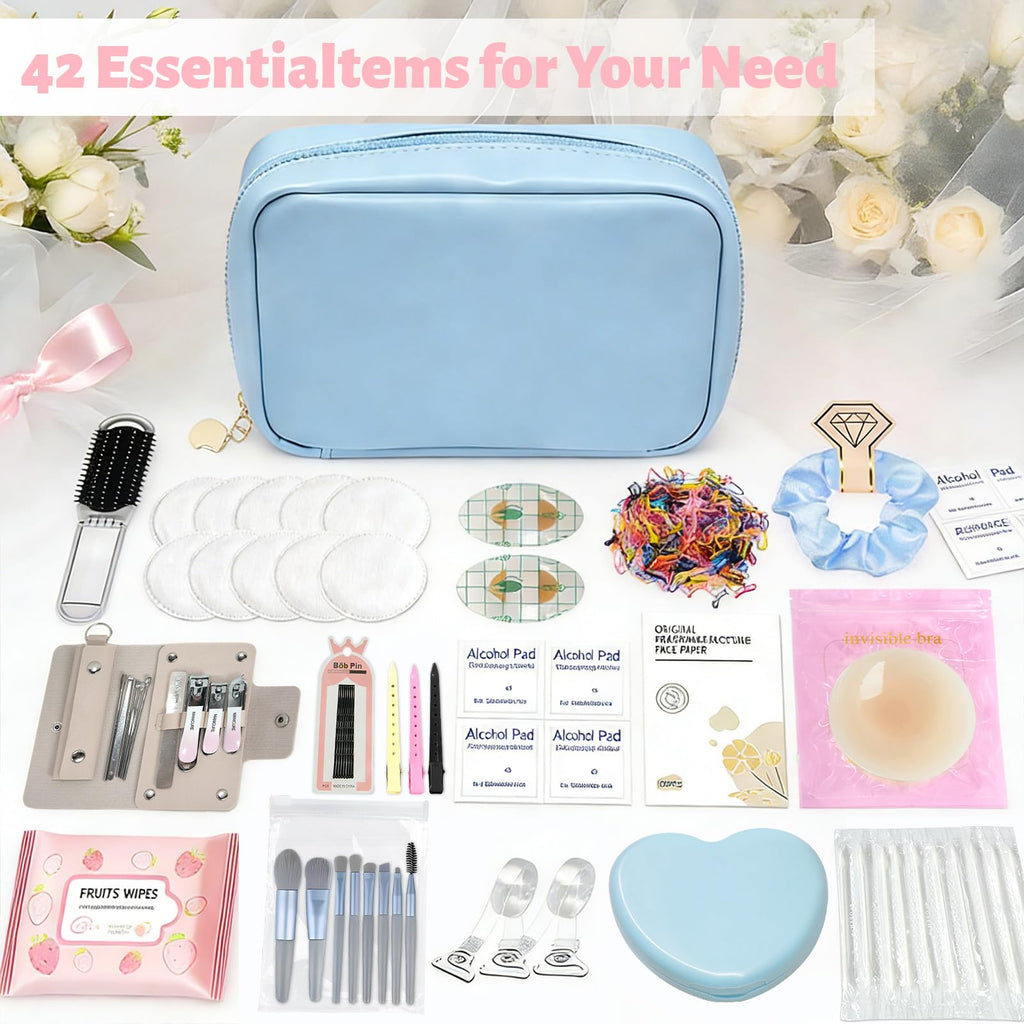 Eclatbox Women's Wedding Emergency Kit – 42-Piece Bridal Survival Set with Makeup Bag (Blue)
