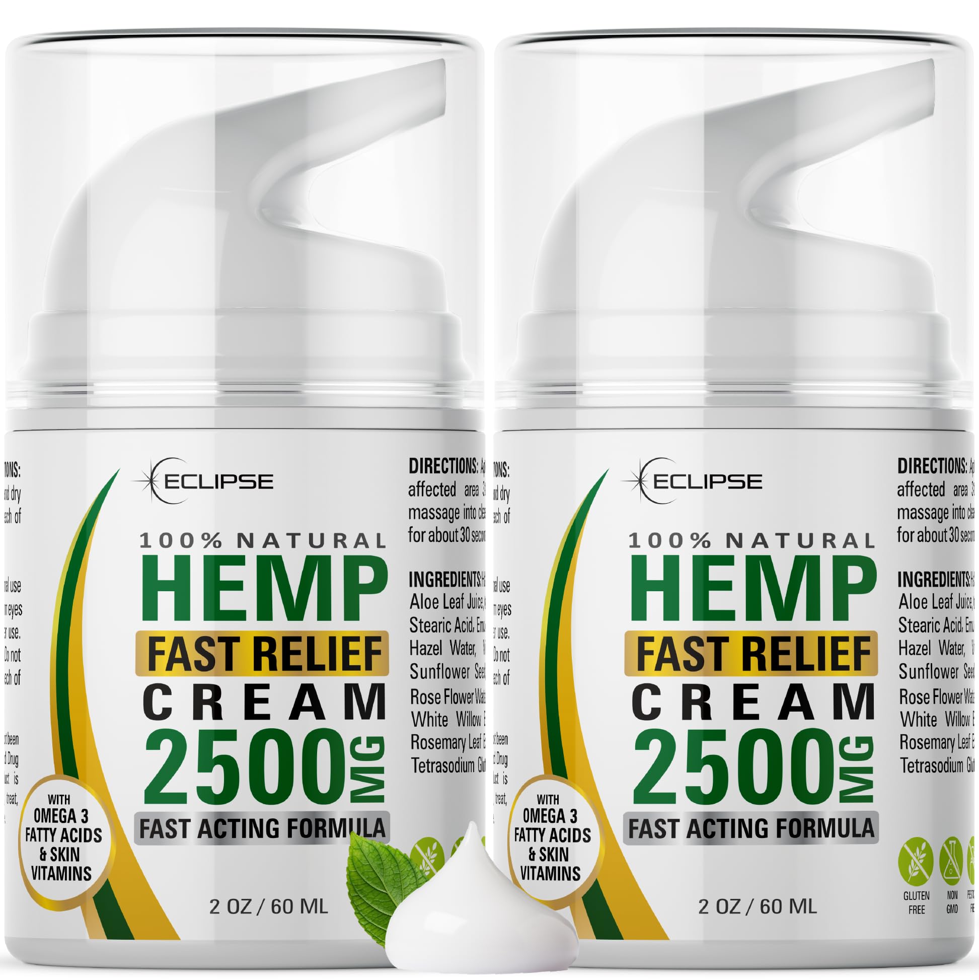 Hemp Cream by Eclipse – Non-Greasy, Targeted Long-Lasting Relief – USA-Made 2 Pack