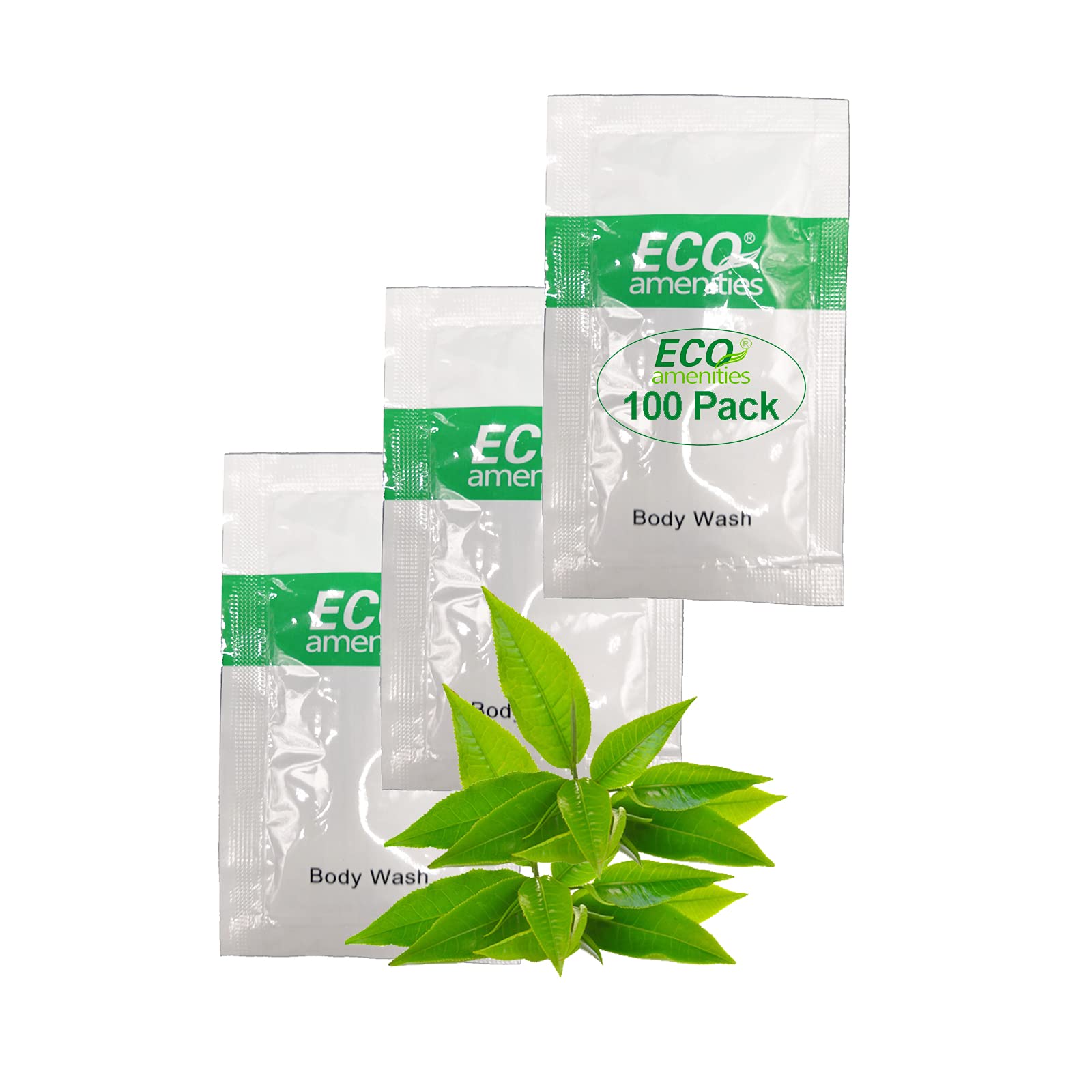 ECO Amenities Body Wash Sachets – Leak-Proof TSA-Approved Travel Toiletries, Green Tea Scent, 0.35 Fl Oz, Pack of 100