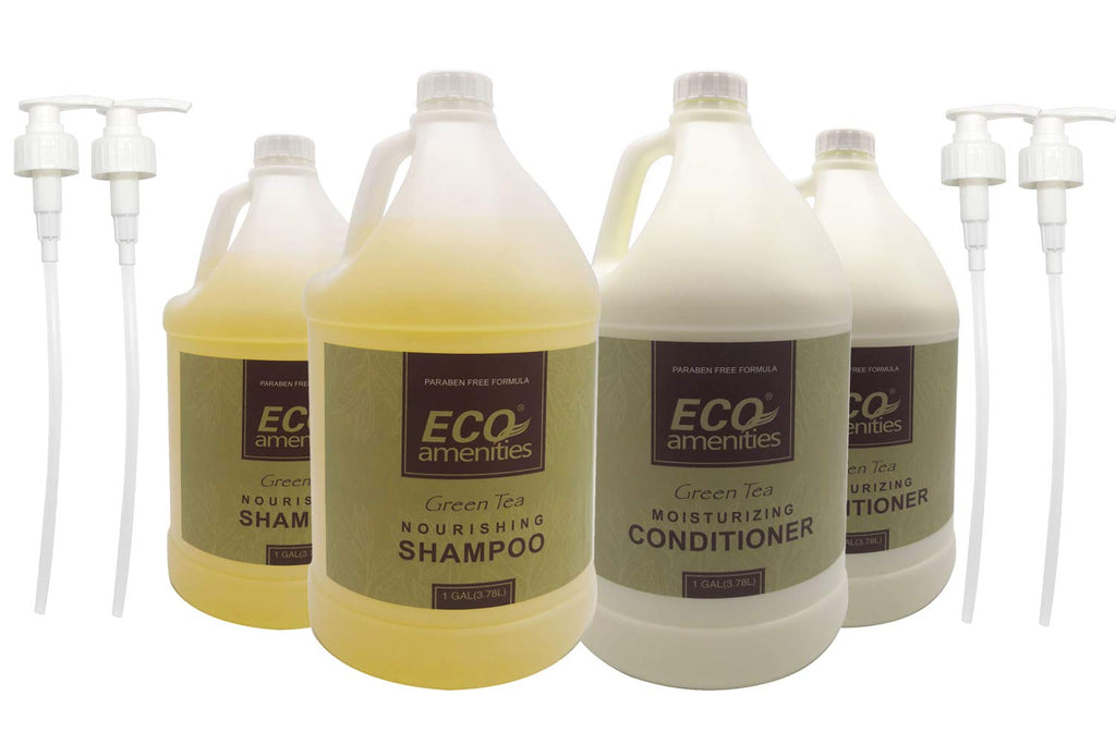 ECO amenities Gallon Size Nourishing Shampoo & Moisturizing Conditioner – 4 x 1 Gal Set + Extra Pumps (Tea Tree) | Refill Hair Care