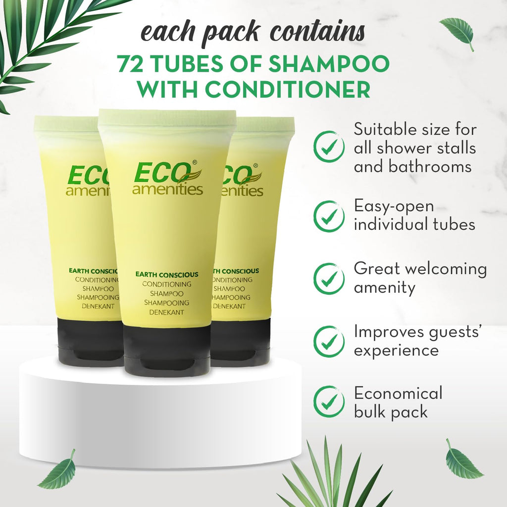 Eco Amenities Travel Shampoo & Conditioner 72-Pack – 2-in-1 Tubes, Green Tea Scent, Hotel Bulk