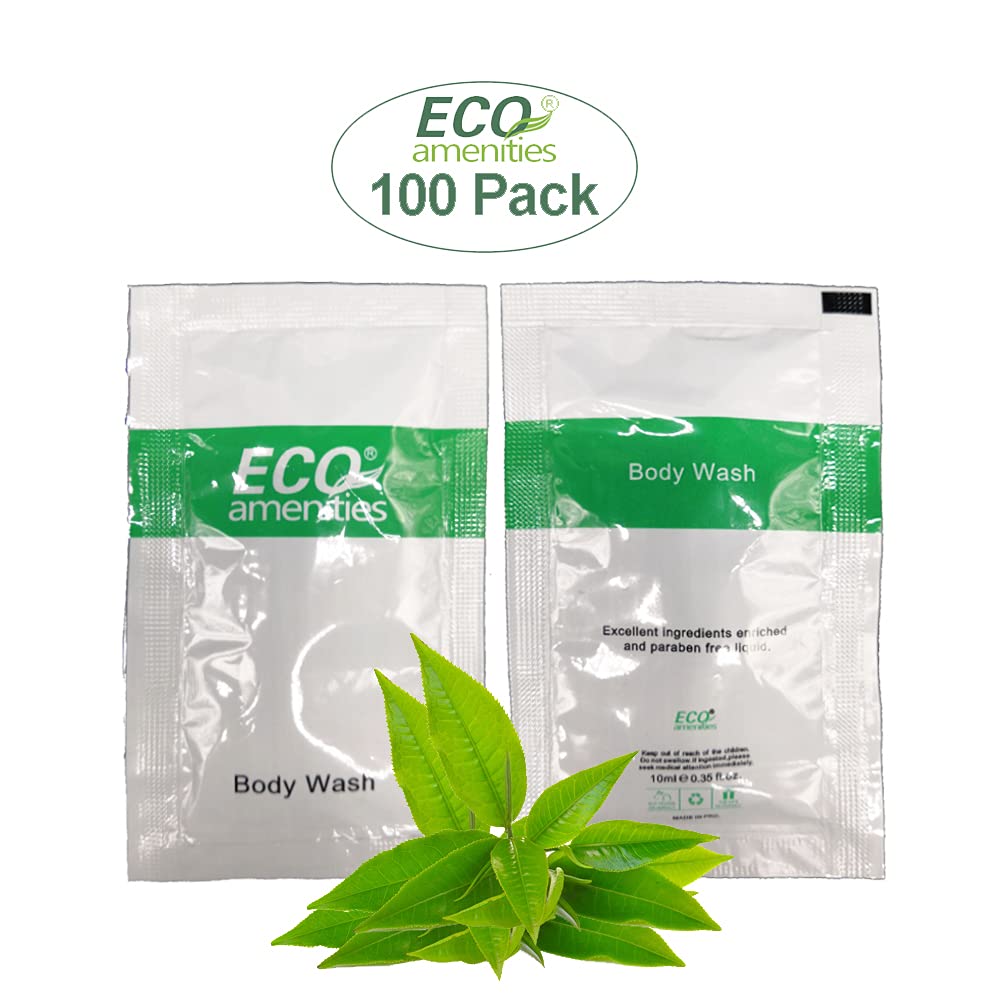 ECO Amenities Body Wash Sachets – Leak-Proof TSA-Approved Travel Toiletries, Green Tea Scent, 0.35 Fl Oz, Pack of 100