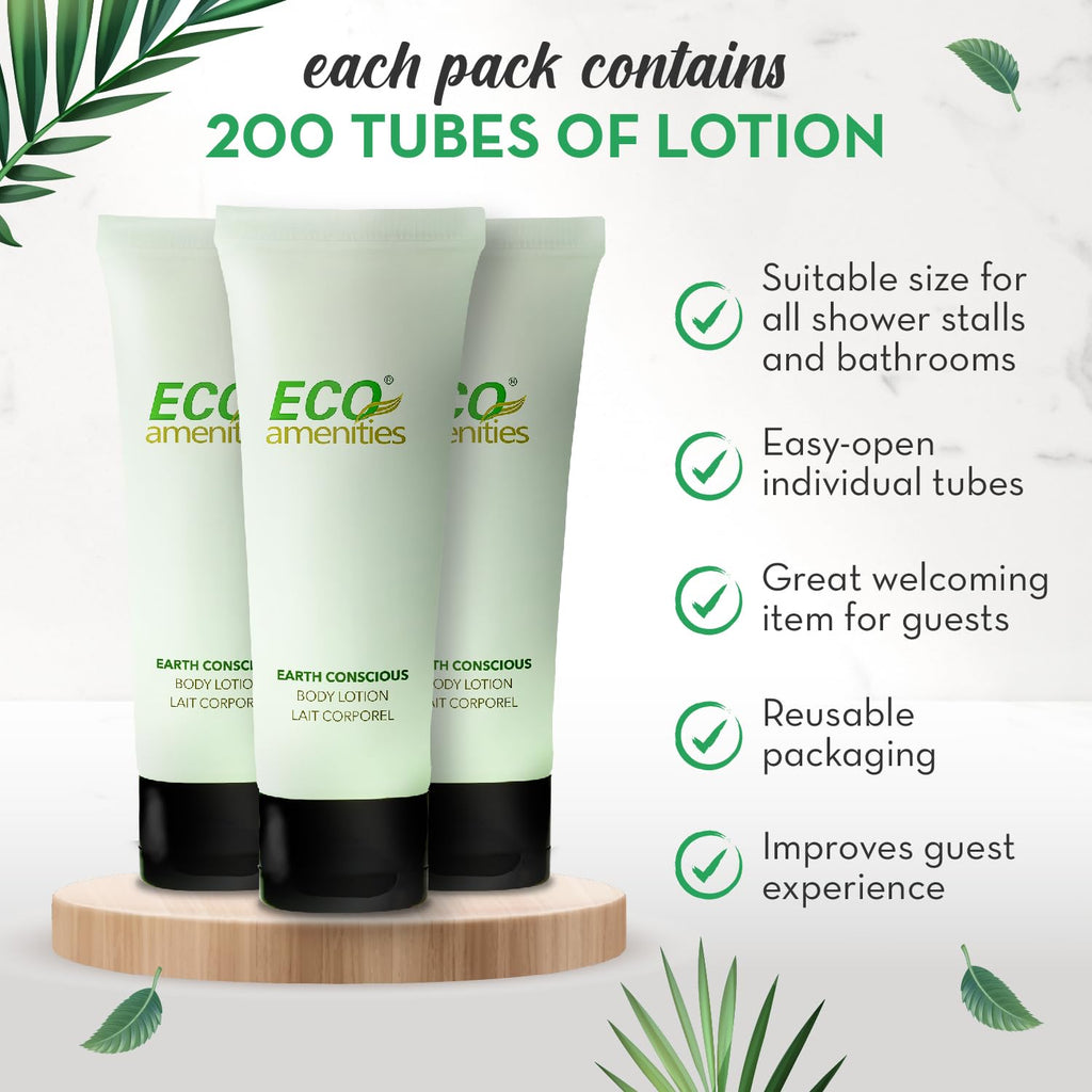 Eco Amenities Travel Lotion Bulk – 200-Pack, 1 fl oz Tubes – Hydrating Green Tea Scented Body & Hand Lotion for Hotels