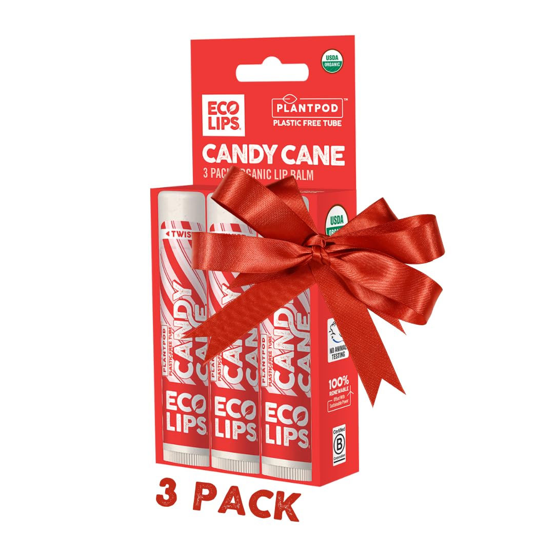 Eco Lips Candy Cane Lip Balm - Organic Coconut Oil & Sunflower Wax - Plastic-Free Plant Pod - Made in USA