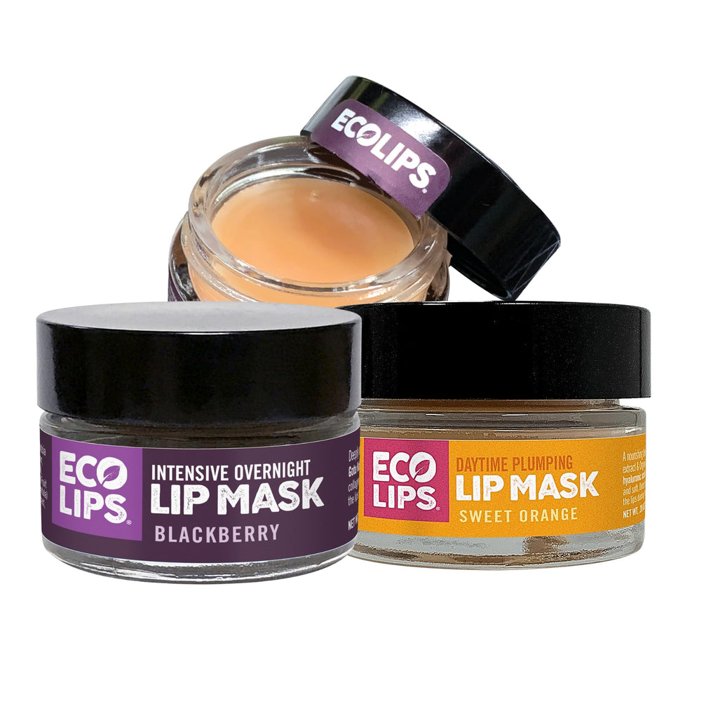 Eco Lips Daily Plumping Lip Mask w Hyaluronic Acid + Overnight Gotu Kola Mask – 2-Pack, 100% Natural, Made in USA