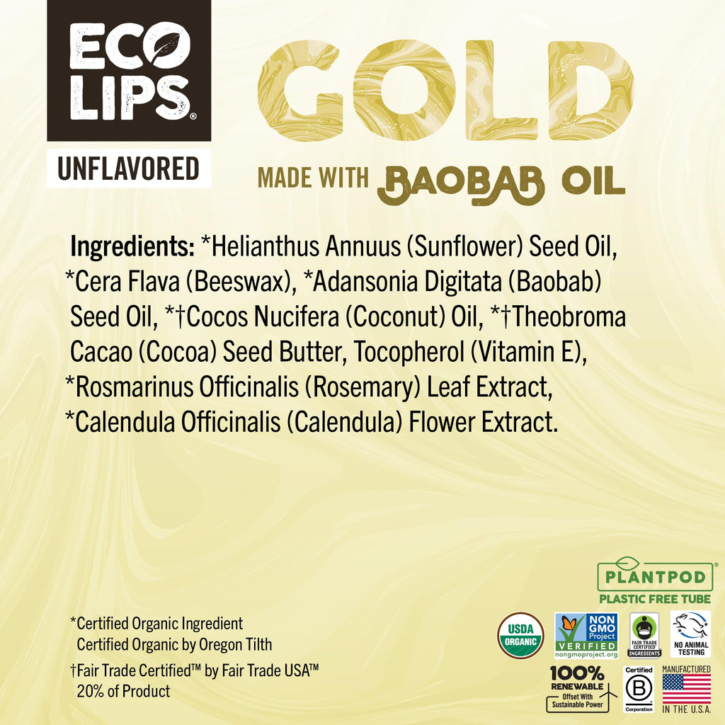 Eco Lips GOLD Organic Lip Balm with Baobab Oil – 6-Pack | USDA Organic, Plastic-Free Packaging | Made in USA
