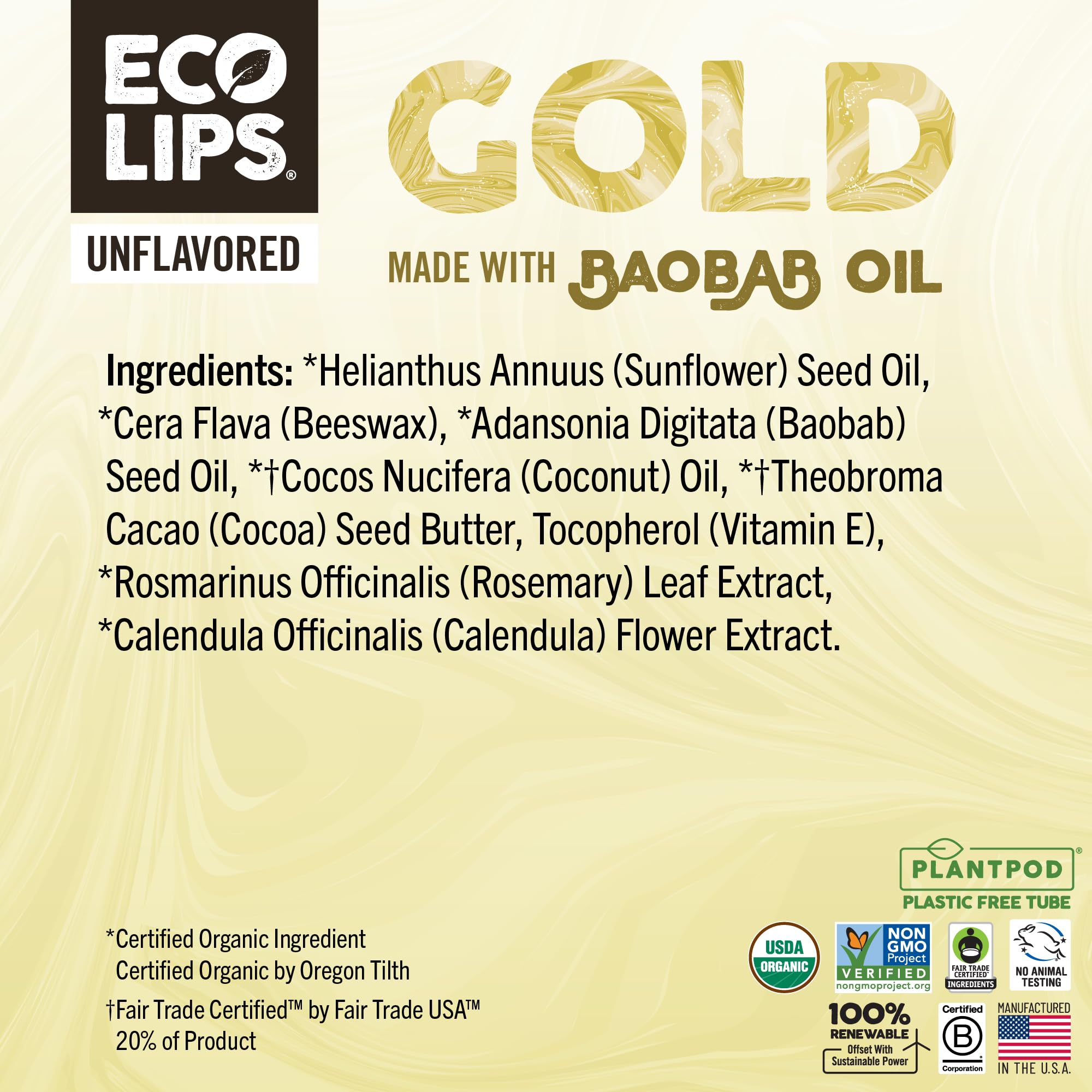 Eco Lips GOLD Organic Lip Balm with Baobab Oil – 6-Pack | USDA Organic, Plastic-Free Packaging | Made in USA