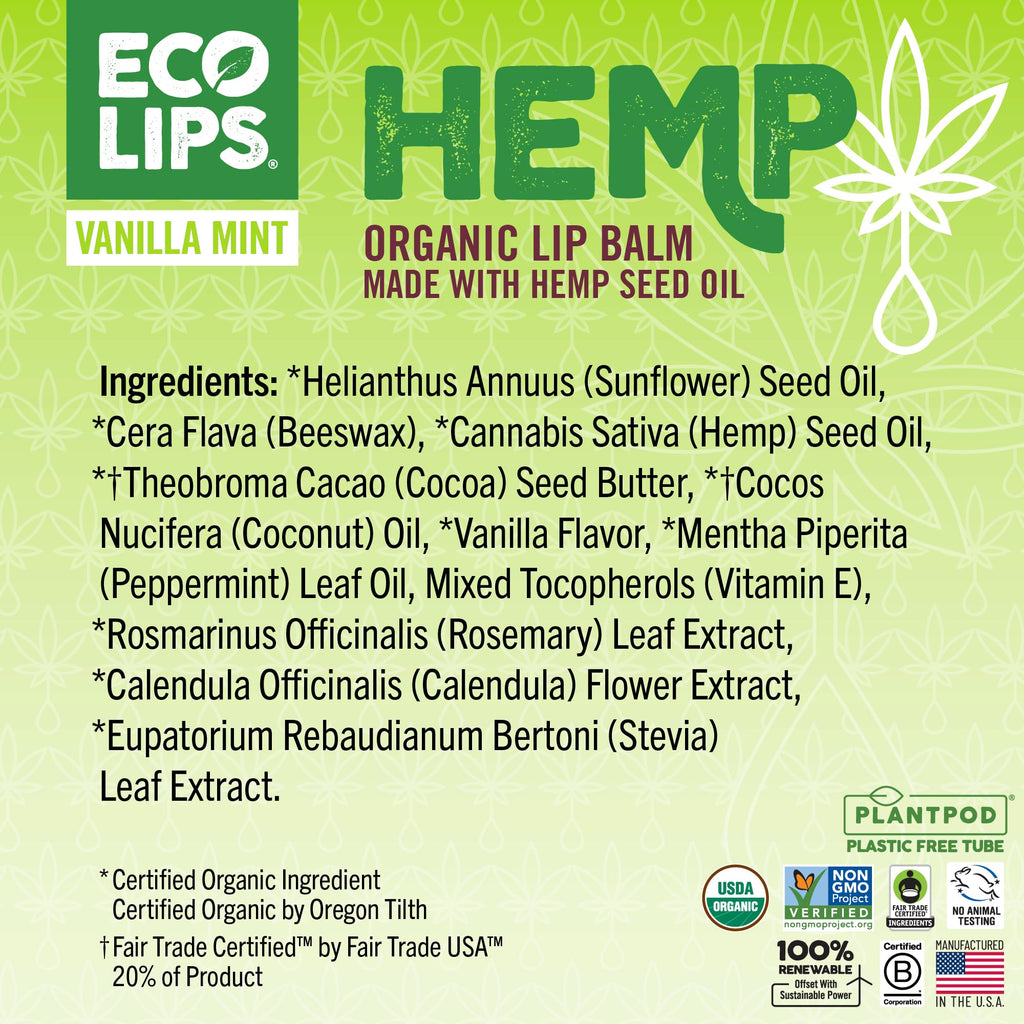Eco Lips Organic Hemp Lip Balm – Vanilla Mint, 6-Pack | Soothe Dry Lips with Beeswax & Vitamin E | Made in USA