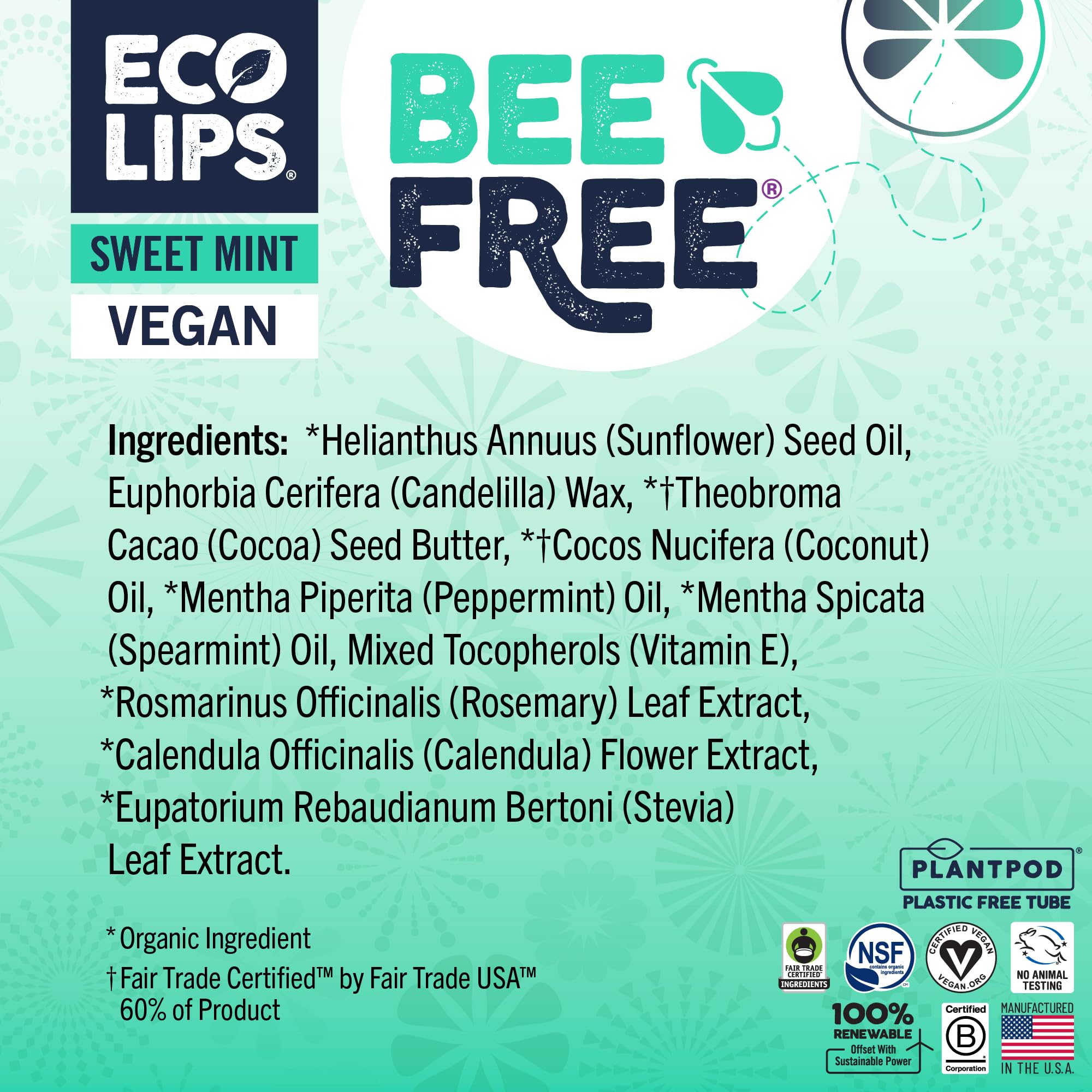 Eco Lips Vegan Lip Balm Sweet Mint – 3 Pack | Plastic-Free Plant Pod, Made in USA