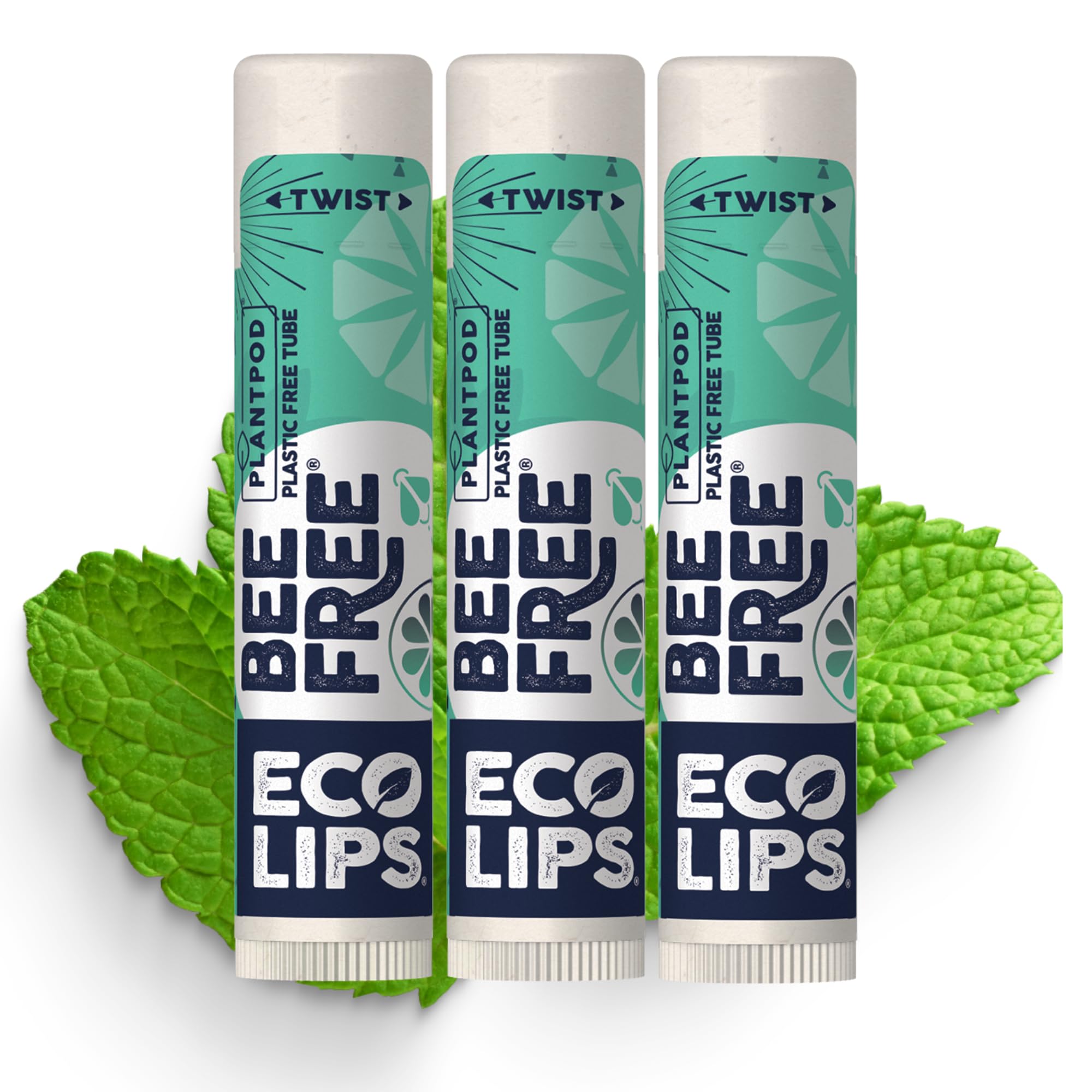 Eco Lips Vegan Lip Balm Sweet Mint – 3 Pack | Plastic-Free Plant Pod, Made in USA