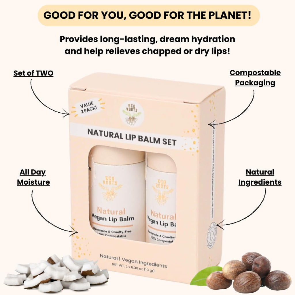Natural Lip Balm 2 Pack | ECO ROOTS Organic Vegan Moisturizer, Plastic-Free Packaging, USA-Made