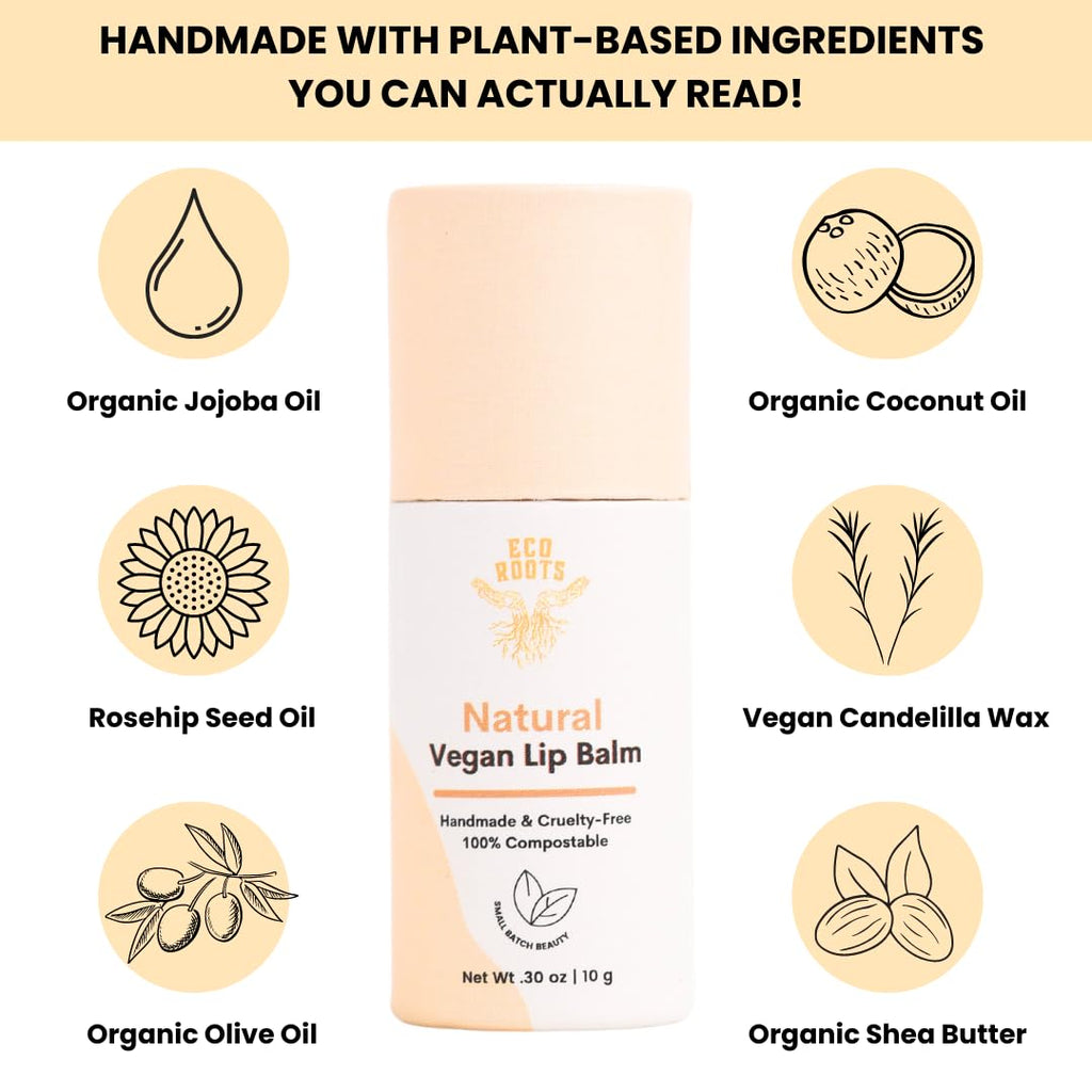 Natural Lip Balm 2 Pack | ECO ROOTS Organic Vegan Moisturizer, Plastic-Free Packaging, USA-Made