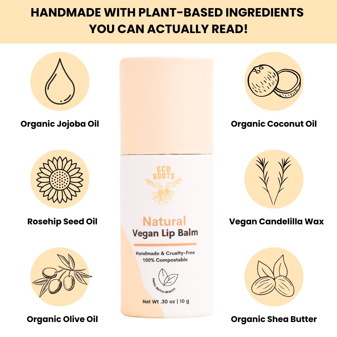 Natural Lip Balm 2 Pack | ECO ROOTS Organic Vegan Moisturizer, Plastic-Free Packaging, USA-Made