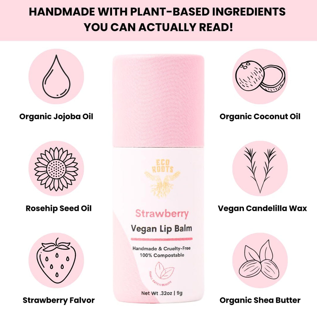 Eco Roots Strawberry Scented Lip Balm 2 Pack – Organic, Vegan, Cruelty-Free