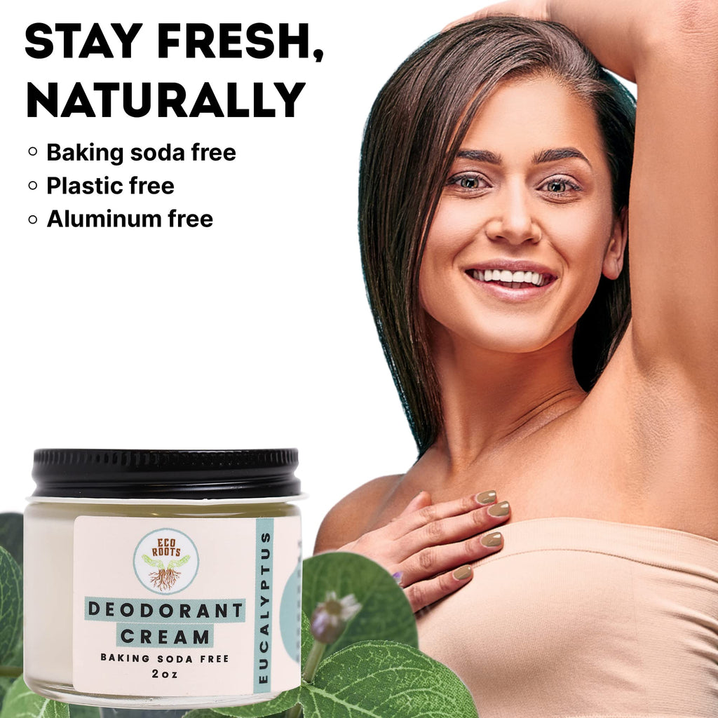 ECO ROOTS Natural Deodorant Cream – Baking Soda Free, Aluminum Free, Eucalyptus