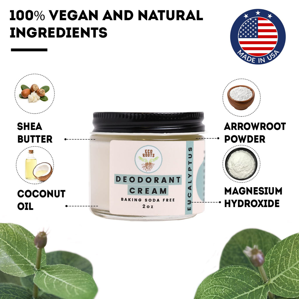 ECO ROOTS Natural Deodorant Cream – Baking Soda Free, Aluminum Free, Eucalyptus