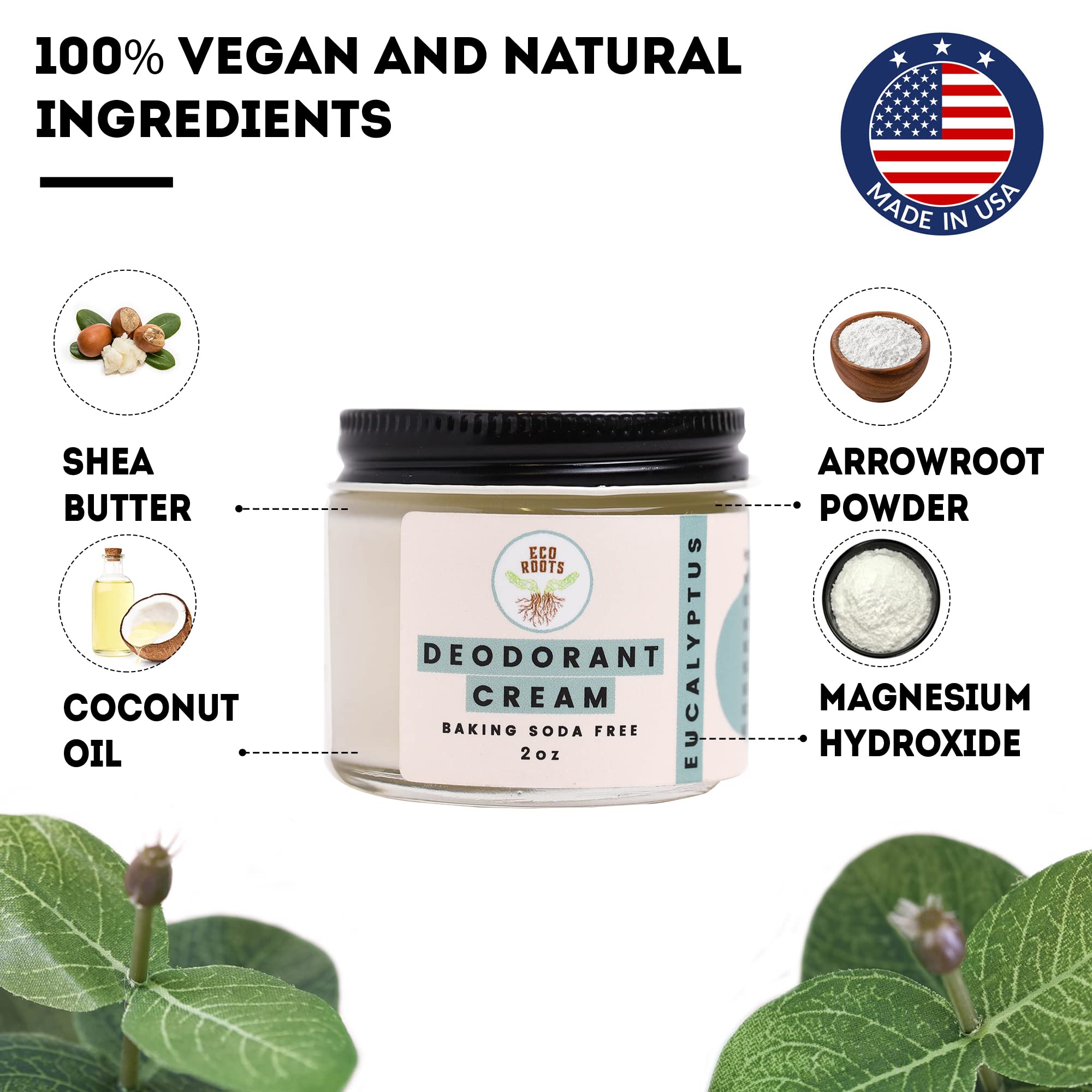 ECO ROOTS Natural Deodorant Cream – Baking Soda Free, Aluminum Free, Eucalyptus