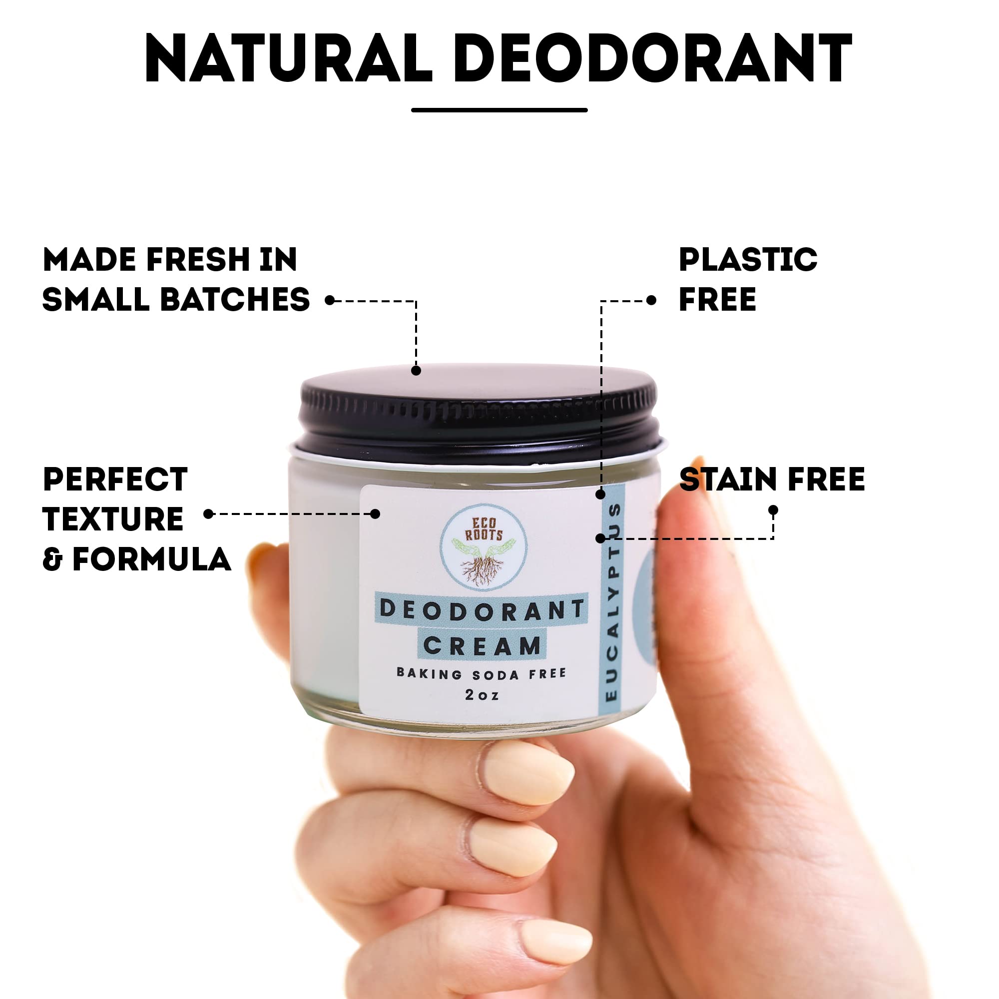 ECO ROOTS Natural Deodorant Cream – Baking Soda Free, Aluminum Free, Eucalyptus
