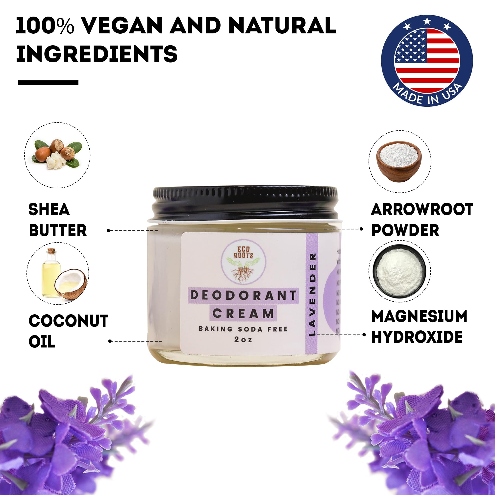 ECO ROOTS Organic Deodorant Cream – Lavender Scent, Baking Soda Free, Aluminum Free, Vegan