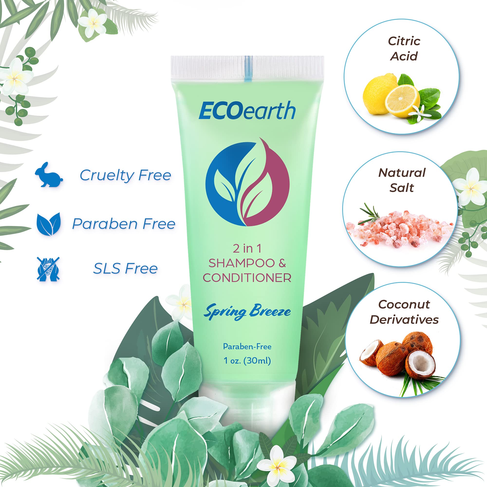 EcoEarth Travel Size 2-in-1 Shampoo & Conditioner – 100 Count (1 fl oz) Spring Breeze
