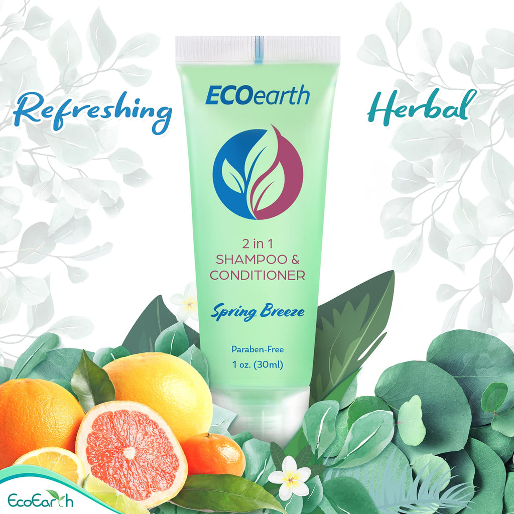 EcoEarth Travel Size 2-in-1 Shampoo & Conditioner – Spring Breeze, 1 oz, 200 Pack