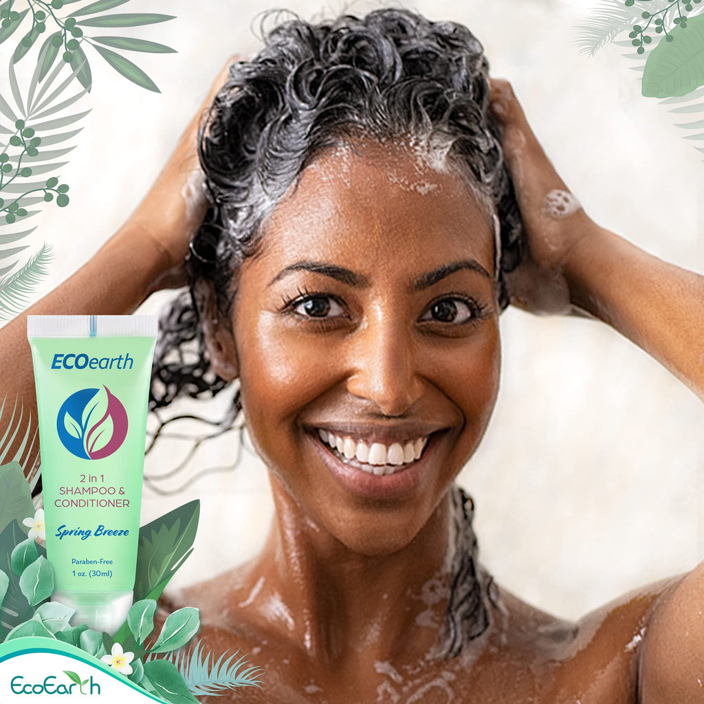 EcoEarth Travel Size 2-in-1 Shampoo & Conditioner – 100 Count (1 fl oz) Spring Breeze